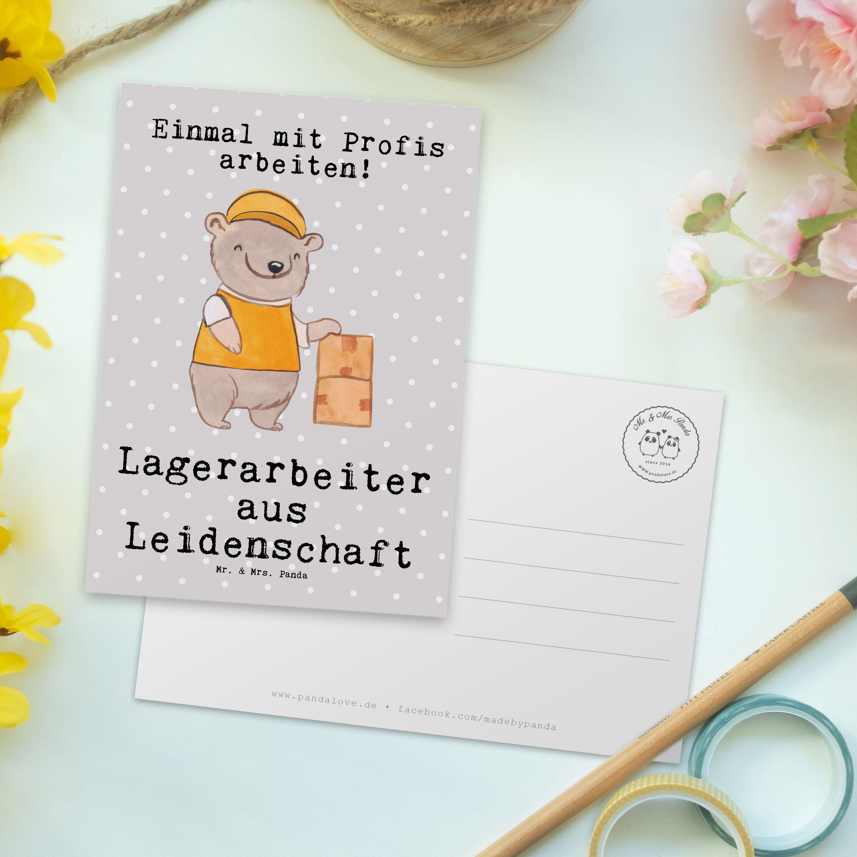 Mr. - Lagerarbeiter Grau Panda Postkarte & Mrs. Geschenk, Fachlageris Leidenschaft - aus Pastell