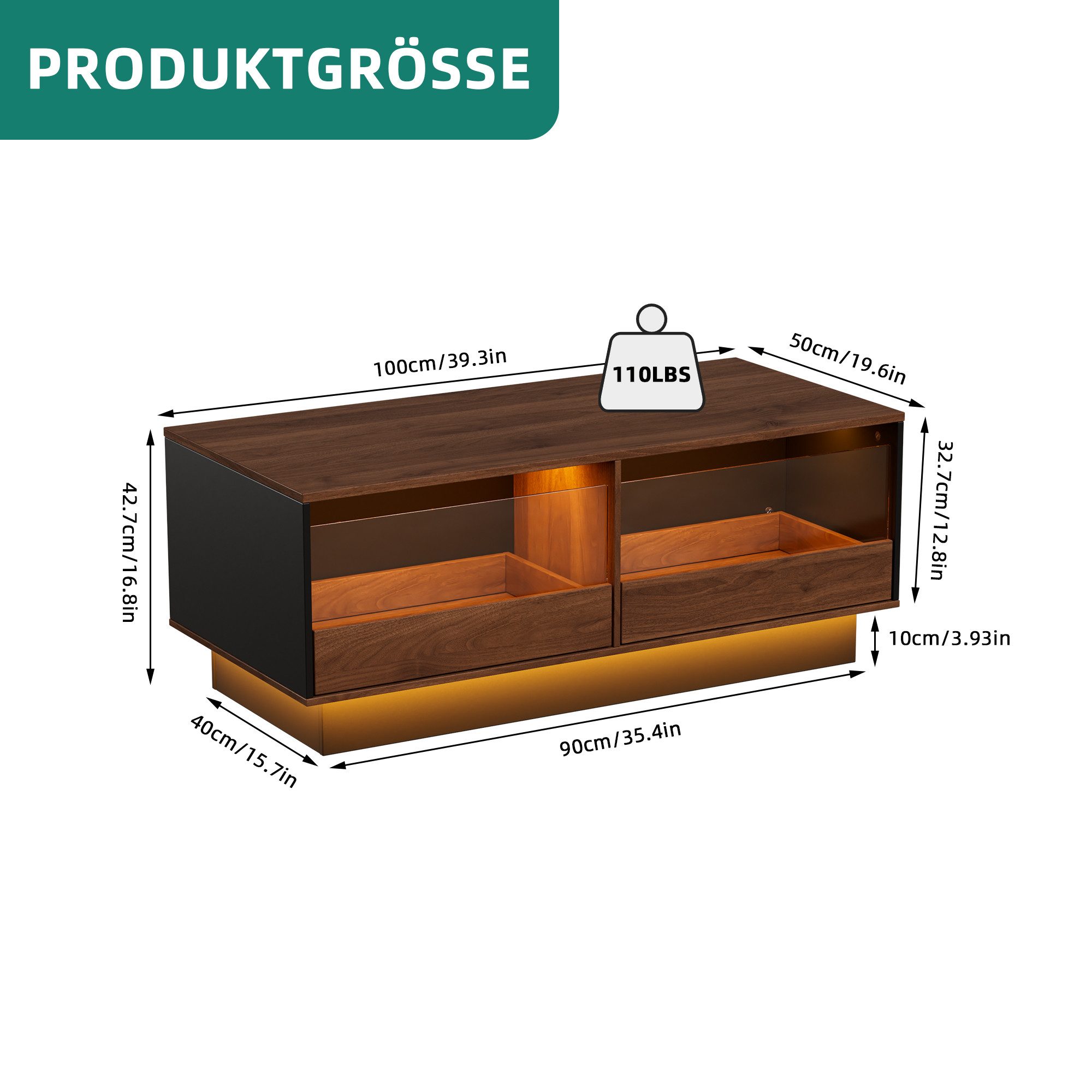 TWSOUL Couchtisch mit LED-Beleuchtung & 2 Schubladen – Wohnzimmertisch mit günstig online kaufen
