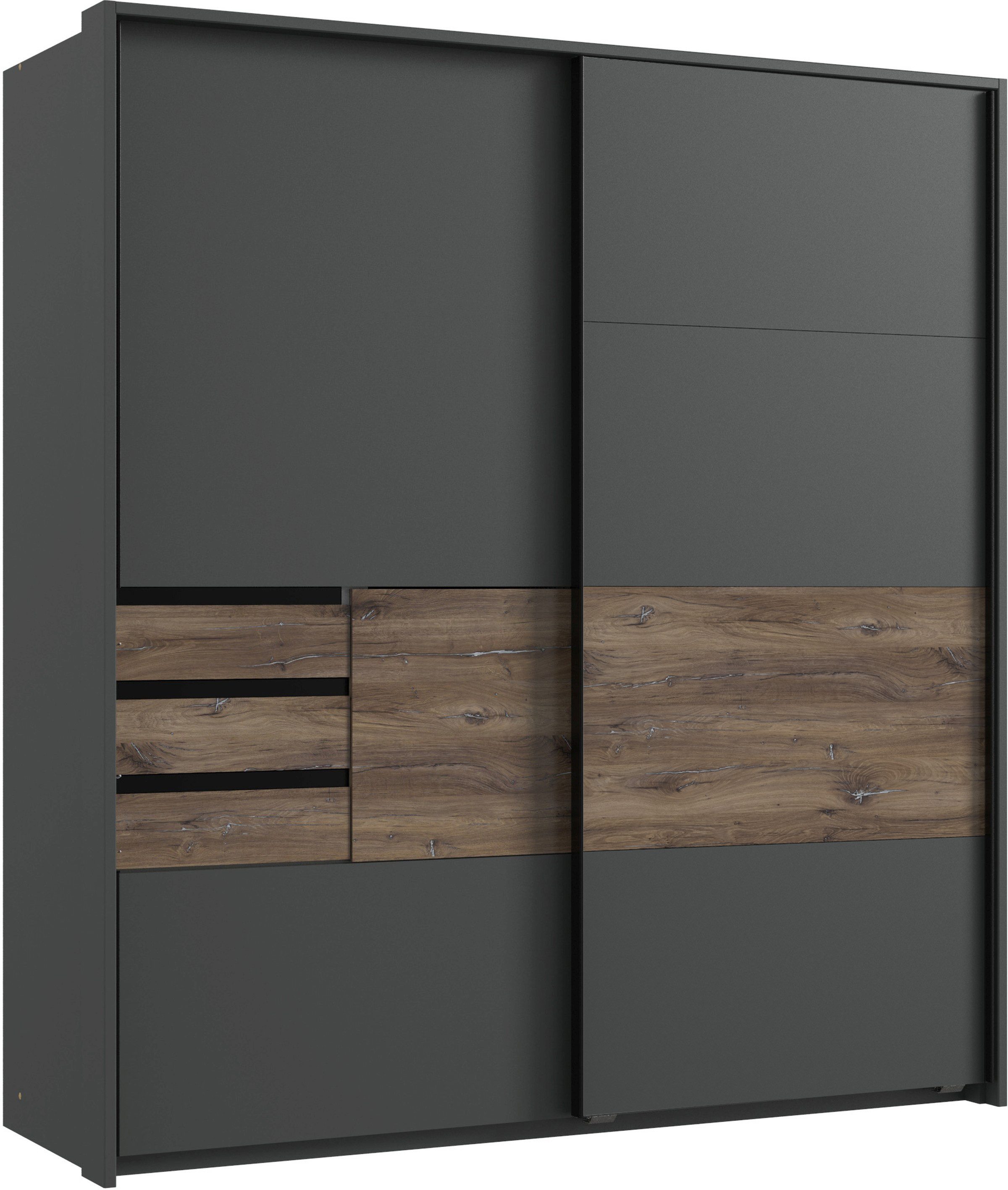 möbel-direkt.de Schwebetürenschrank Bamberg in Grafit mit Eiche Flagstaff (Komplett, 1-St., Kleiderschrank mit oder ohne Spiegel oder Passepartout wählbar) Made in Germany, großzügige Stauraumaufteilung
