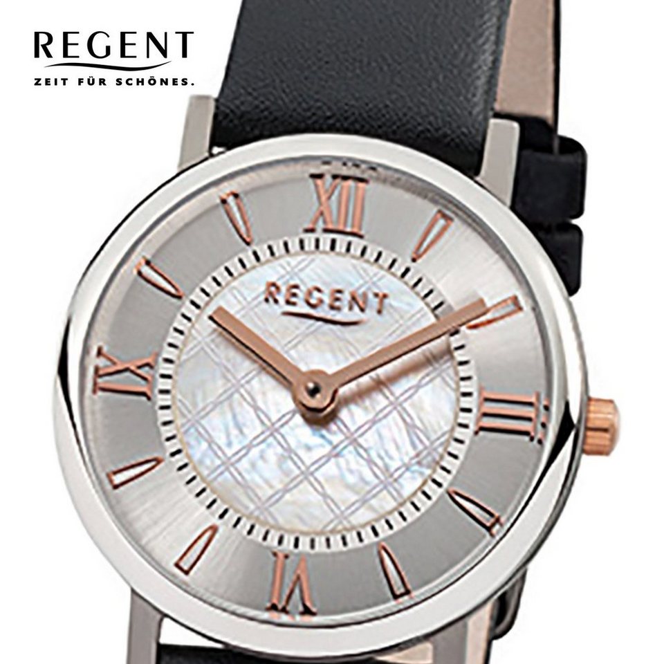 Regent Quarzuhr Regent Damen-Armbanduhr schwarz Analog, Damen Armbanduhr  rund, klein (ca. 27mm), Lederarmband
