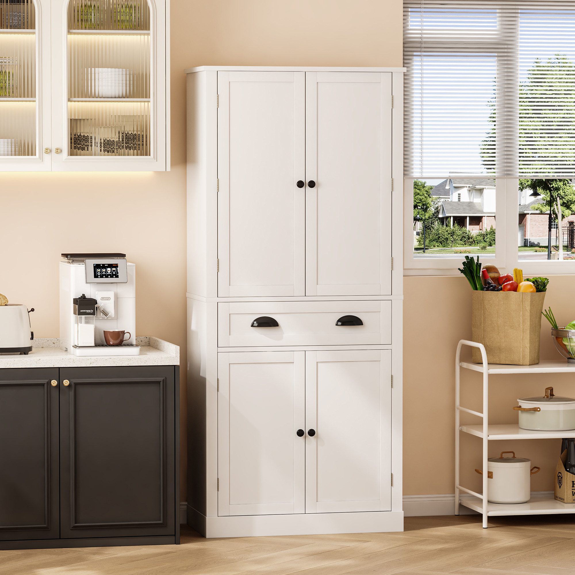 Flieks Mehrzweckschrank mit 4 Türen und 1 Schublade Weiß/Schwarz (mit Türablagen, 1-St., B80/T40/H182 cm) Hochschrank Vorratsschrank Küchenschrank mit verstellbare Ablagen