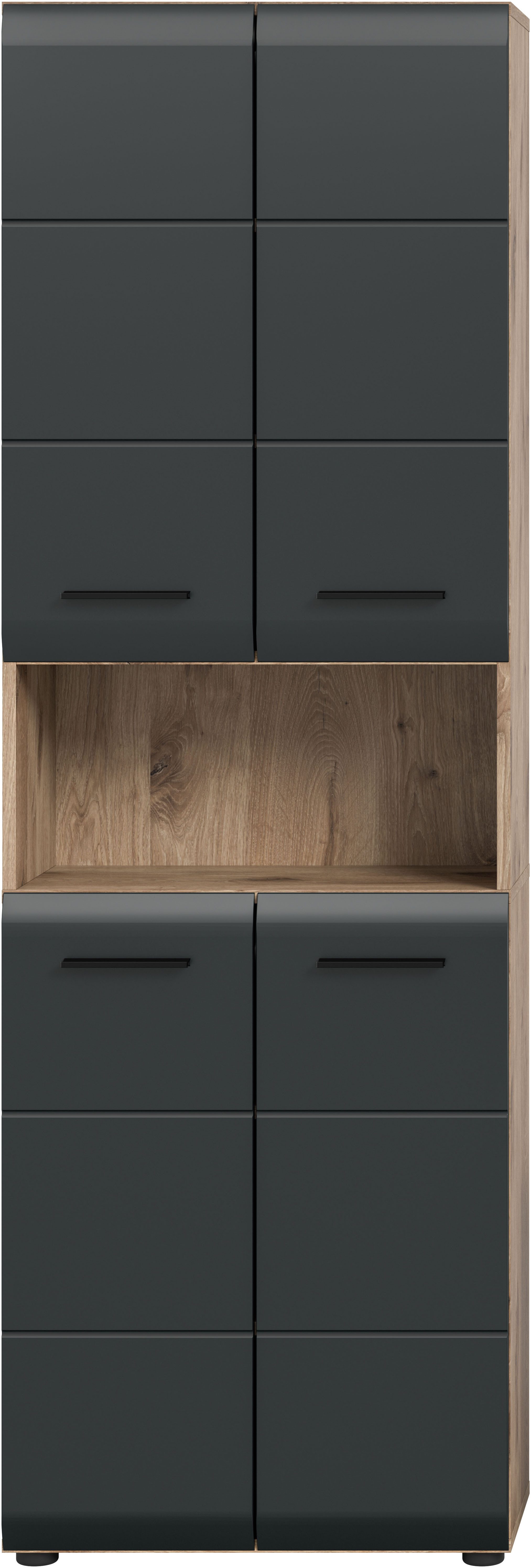 welltime Stauraumschrank FLORENZ, TOPSELLER!, Höhe 185 cm, 4 Türen, 4 Fachböden, 1 offenes Fach (1-St., TOPSELLER) hochwertige MDF Front, Griff schwarz, Badschrank, Bad
