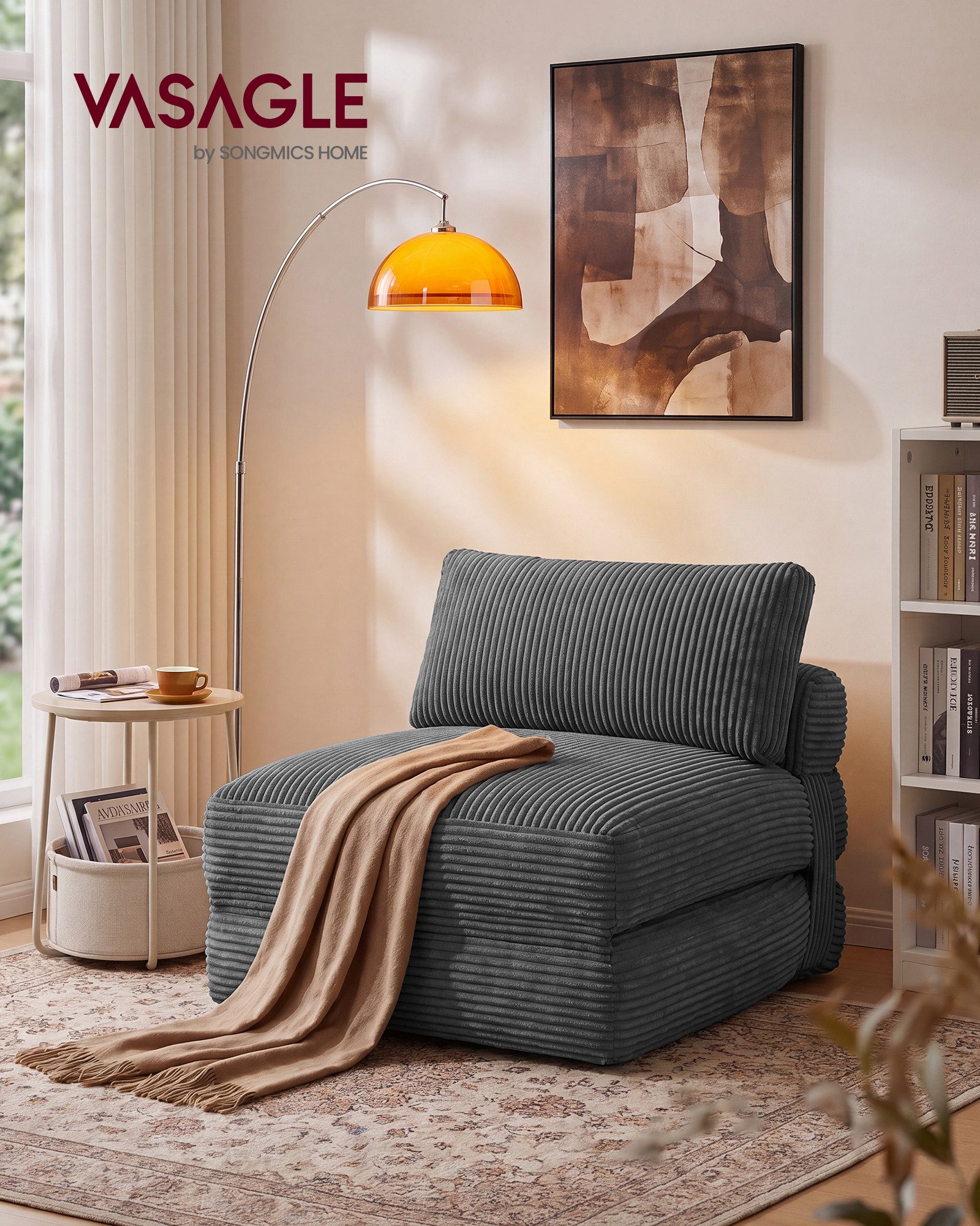 VASAGLE Schlafsofa Schlafsessel aus Cord und Schaumstoff, Faltbares Sofabett mit Kissen, 89 x 89 x 78 cm / 89 x 195 x 43 cm