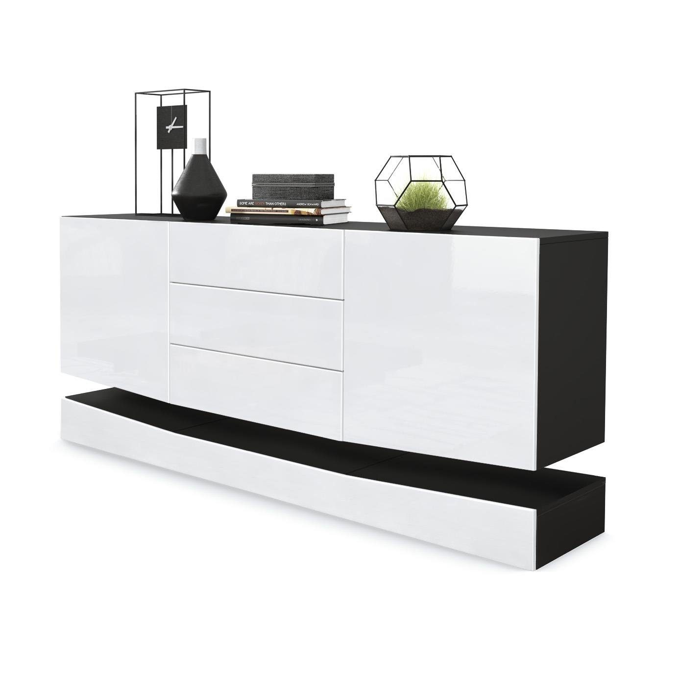 Vladon Sideboard City (Kommode, mit 2 Türen und 3 Schubladen), Schwarz matt/Weiß Hochglanz (178 x 72 x 38 cm)