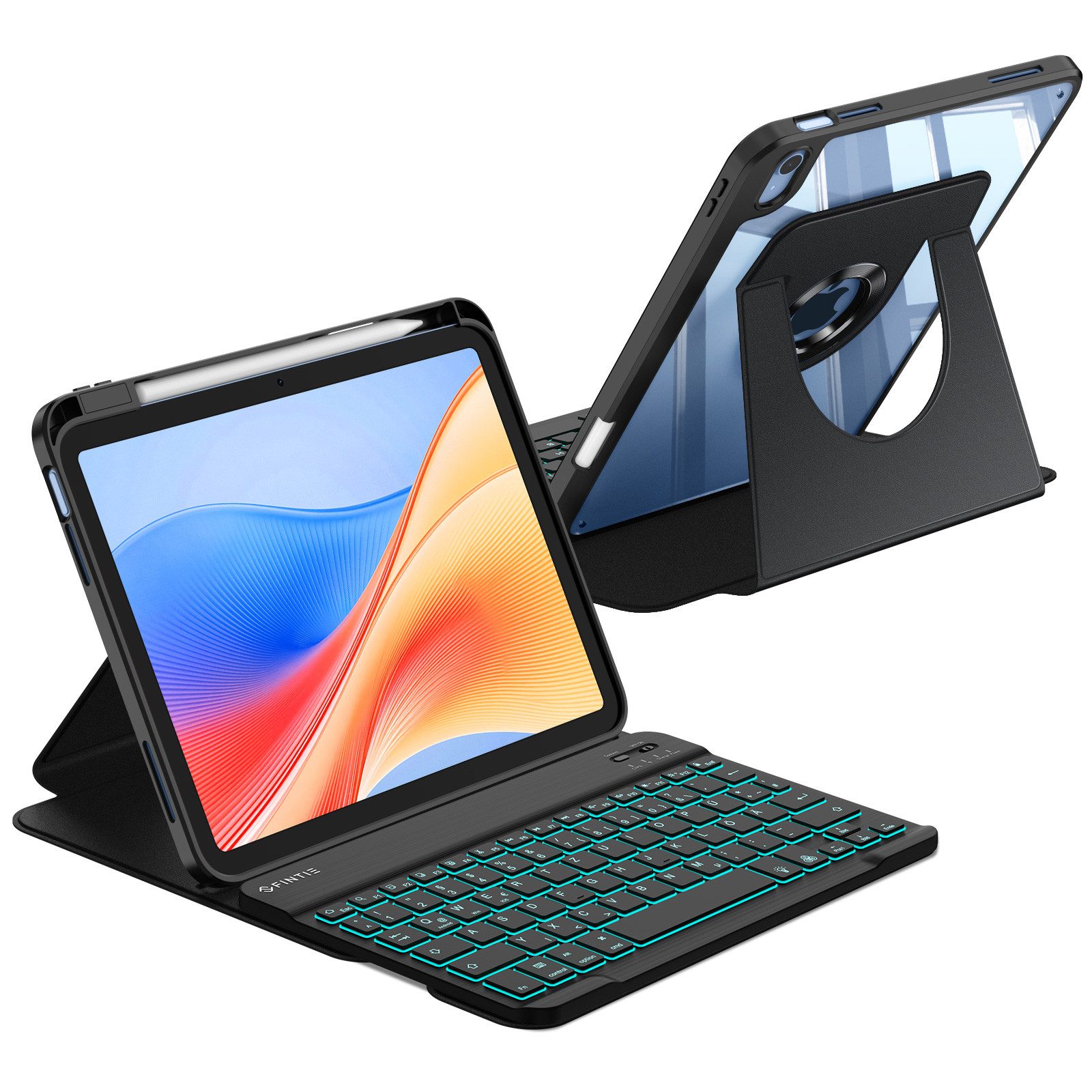 Fintie mit 360° drehbare Hülle für iPad A16 11/10. Generation 11/10,9 Zoll Tastatur (7-farbige Hintergrundbeleuchtung magnetisch Bluetooth-Tastatur)