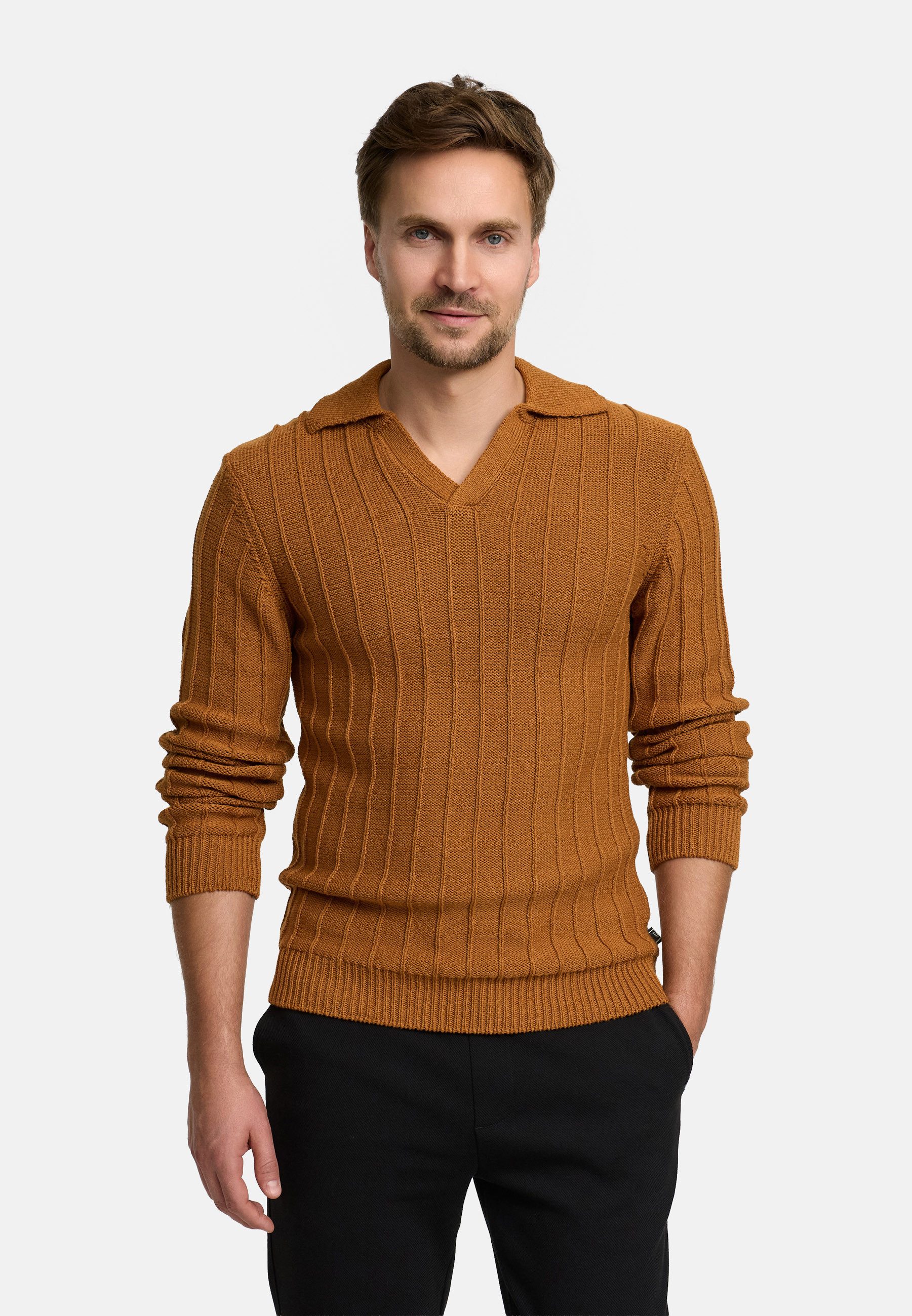 JEFF Strickpullover Herren JFTruman polo Pullover Herrenpullover Polostrick-Pullover mit Kragen und feiner Rippstruktur
