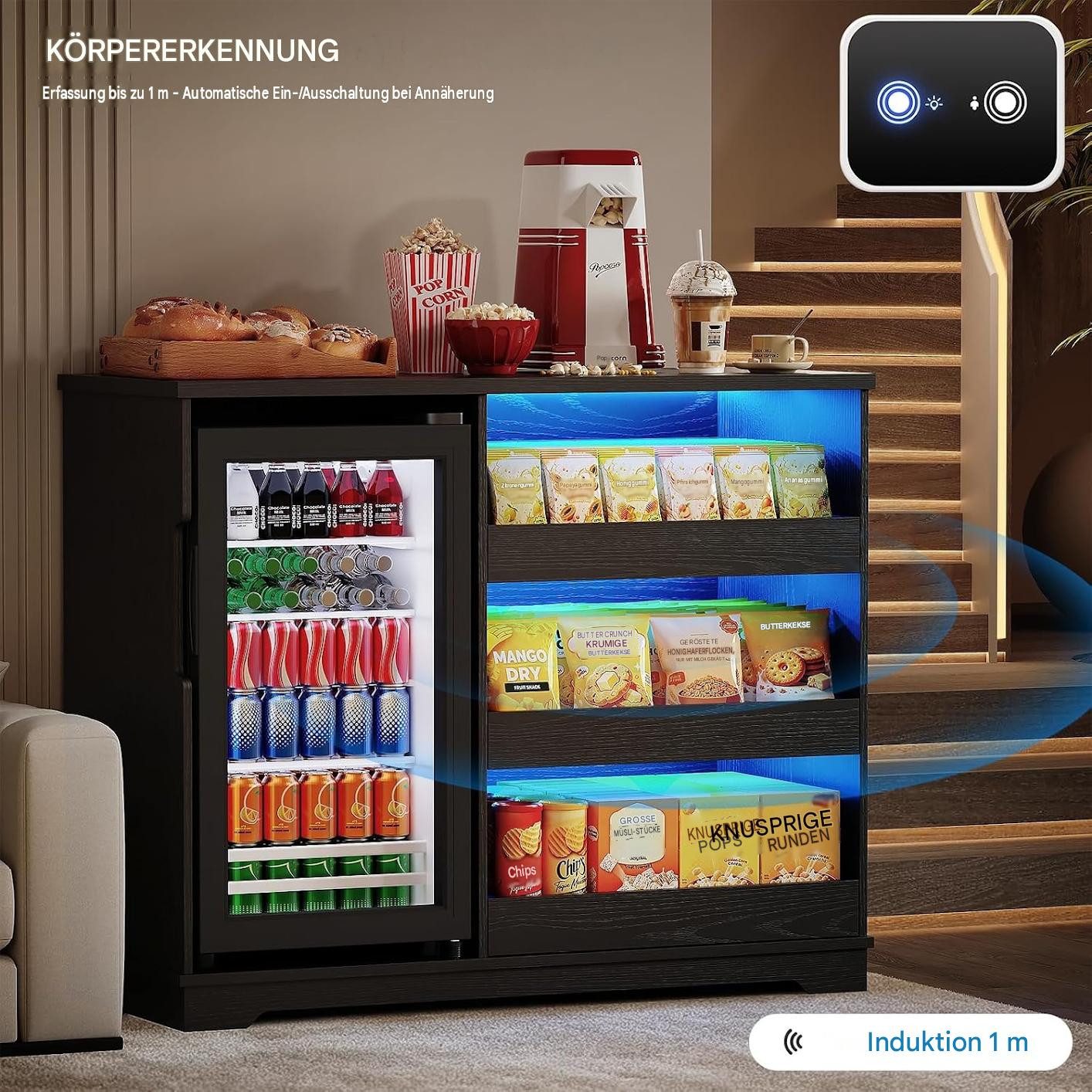 BROTTAR Kühlschrank Snackschrank - Kaffeebar mit Kühlschrank, LED-Beleuchtung BC-92S, 83 cm hoch, 100 cm breit, mit Stauraum und Bewegungssensor, Schwarz