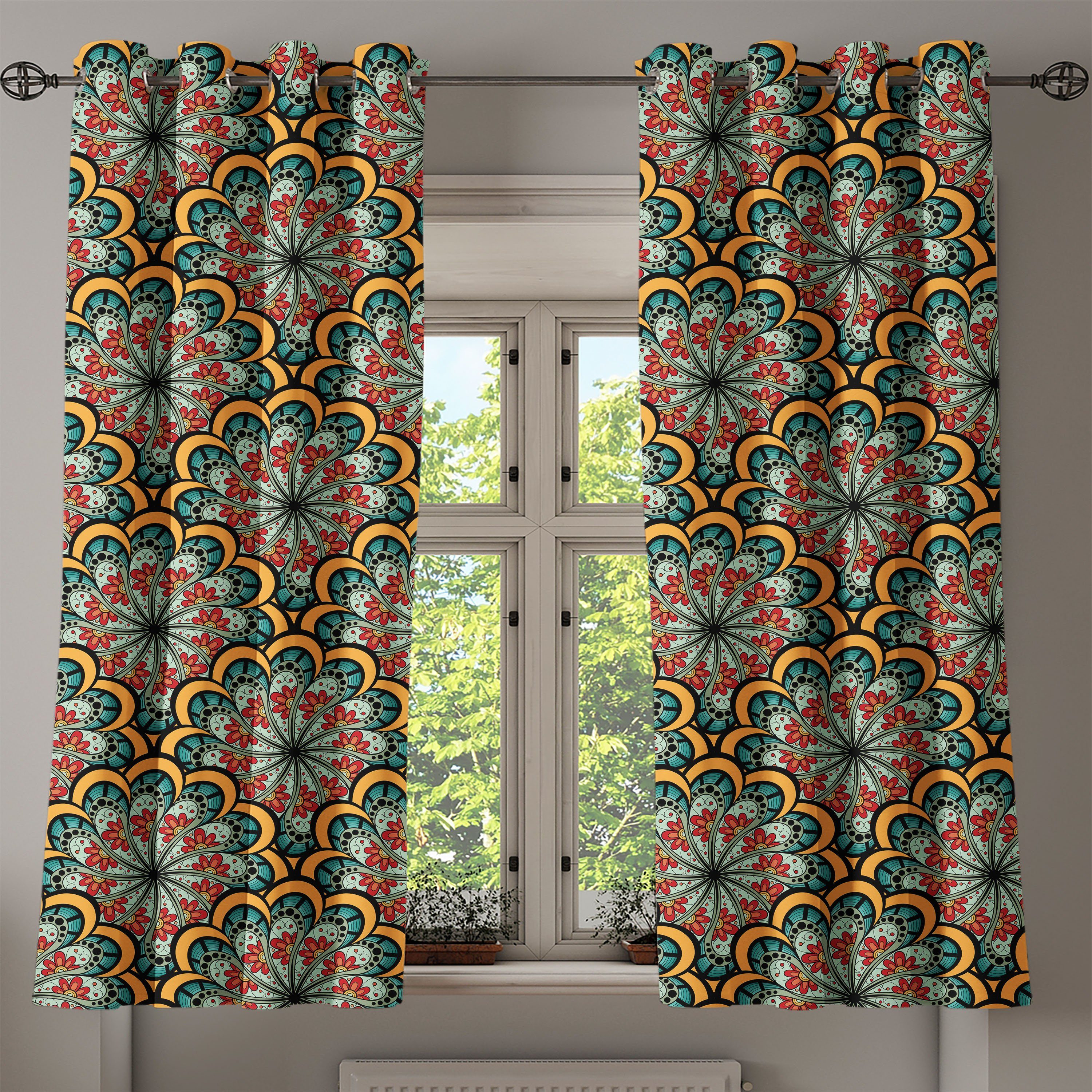 Gardine Dekorative 2-Panel-Fenstervorhänge für Schlafzimmer marokkanische Wohnzimmer, Abakuhaus, Welle Paisley
