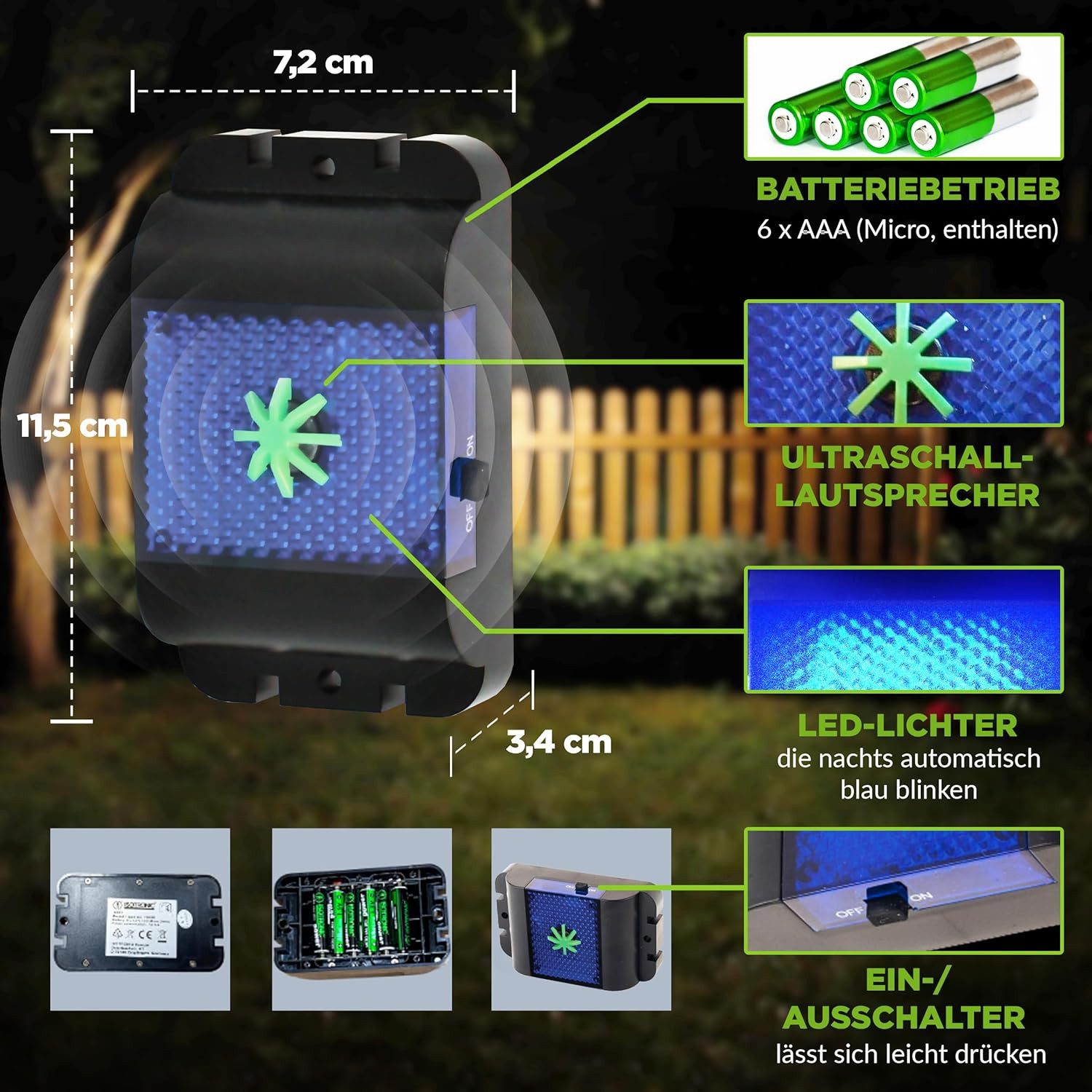 ISOTRONIC Ultraschall-Tierabwehr Isotronic Wildtiervertreiber mit Ultraschallwellen & blauem LED-Licht, 1-tlg.