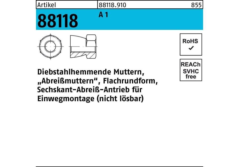 Sechskantmutter Mutter R 88118 diebstahlhemmend M 6 x 6 A 1