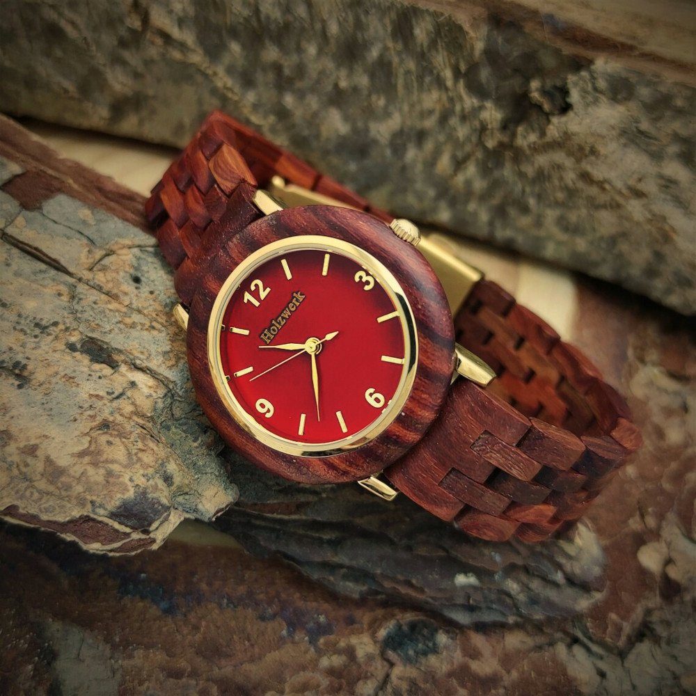 Holzwerk Quarzuhr THALE kleine Damen Edelstahl & Holz Armband Uhr, braun, rot, gold