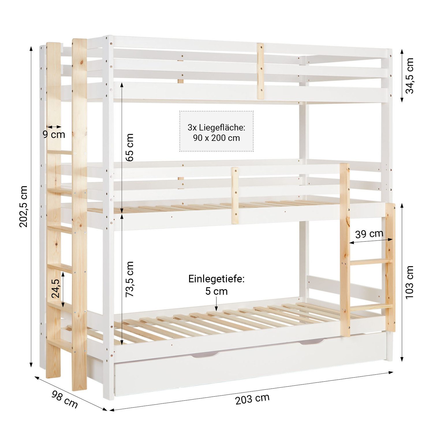 Homestyle4u Etagenbett 90x200 Dreifach Hochbett Weiß günstig online kaufen