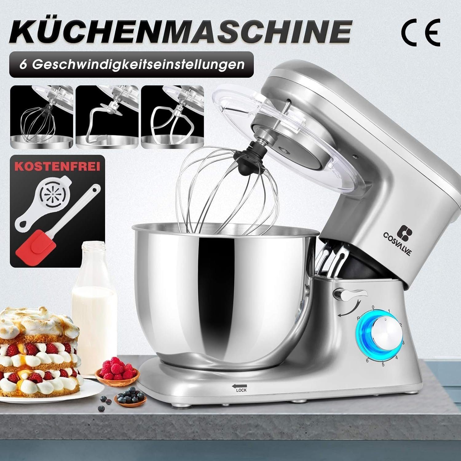 Powerwill Küchenmaschine Multifunktions-Küchenmaschine Knetmaschine mit Silber 1400,00 Rührbesen Schüssel, mit W, Knethaken Schneebesen, und 7L