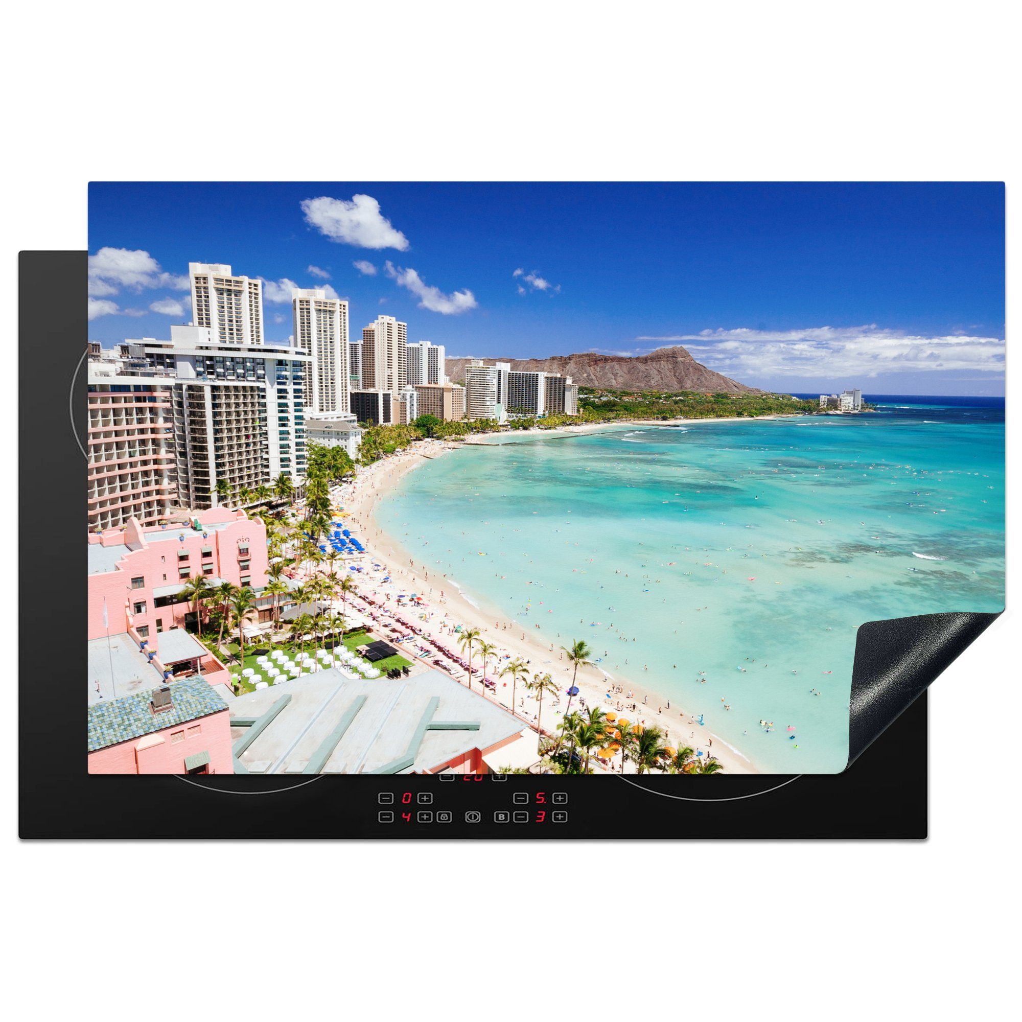 Neues Geschäft MuchoWow Herdblende-/Abdeckplatte Der Waikiki Vinyl, Ceranfeldabdeckung für (1 von Honolulu, tlg), Induktionskochfeld die Schutz 81x52 Beach Küste der cm, vor Hawaii, küche