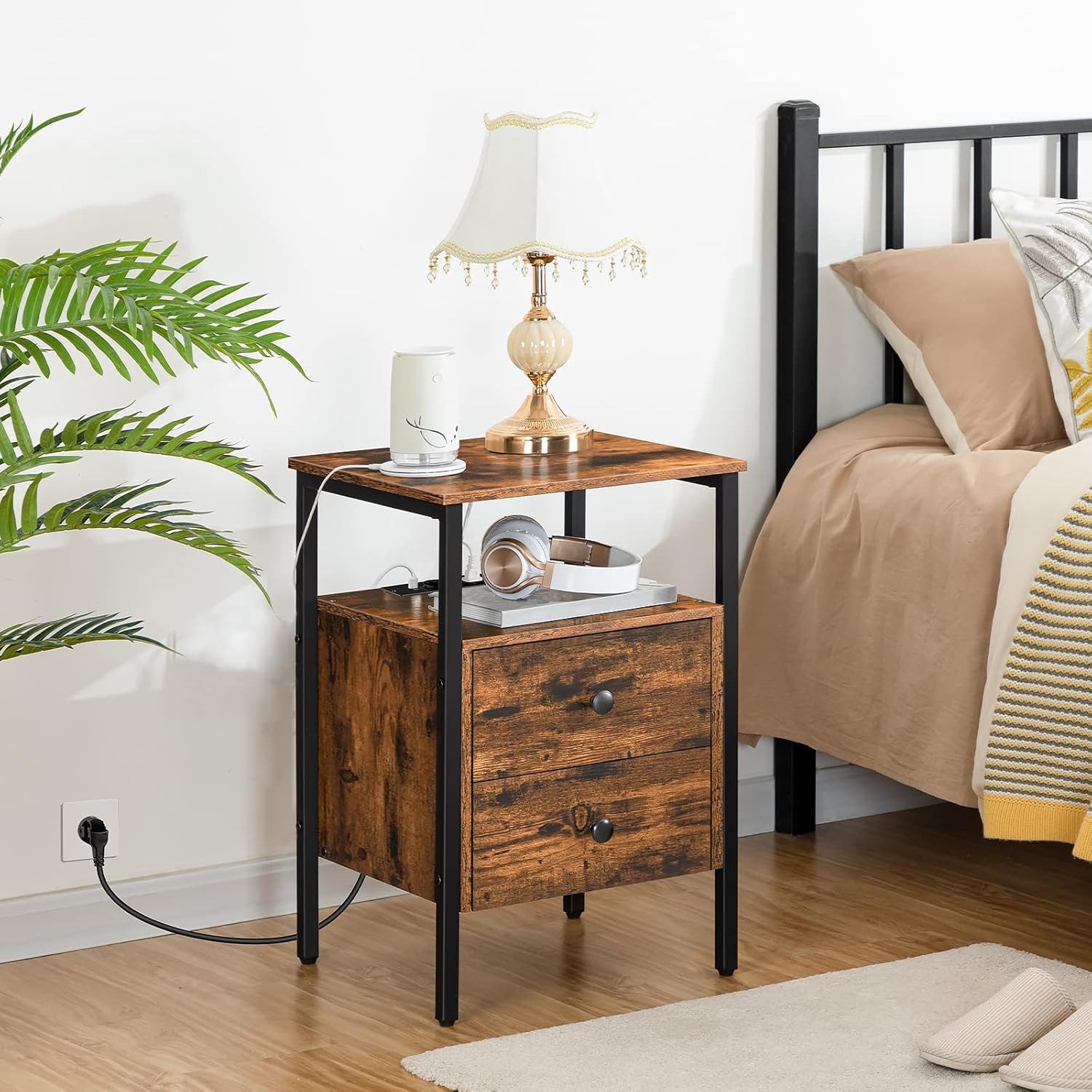 Hoobro Nachttisch Beistelltisch mit Ladestation (Sofatisch mit 2 Schubladen günstig online kaufen