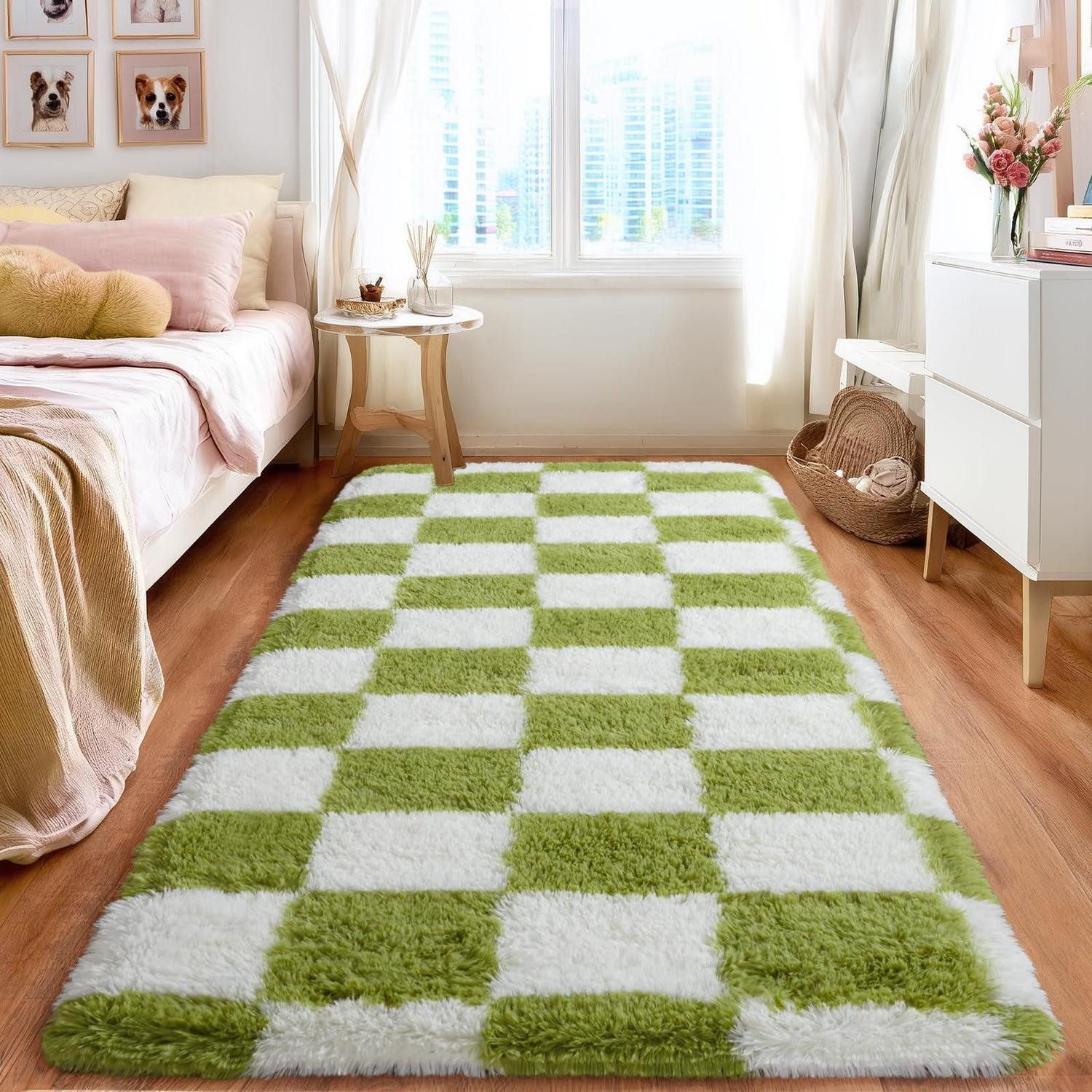 LuxusKollektion Hochflor-Teppich Teppich Hochflor Kariert 80x150 Creme Grün, rechteckig, Höhe: 43 mm