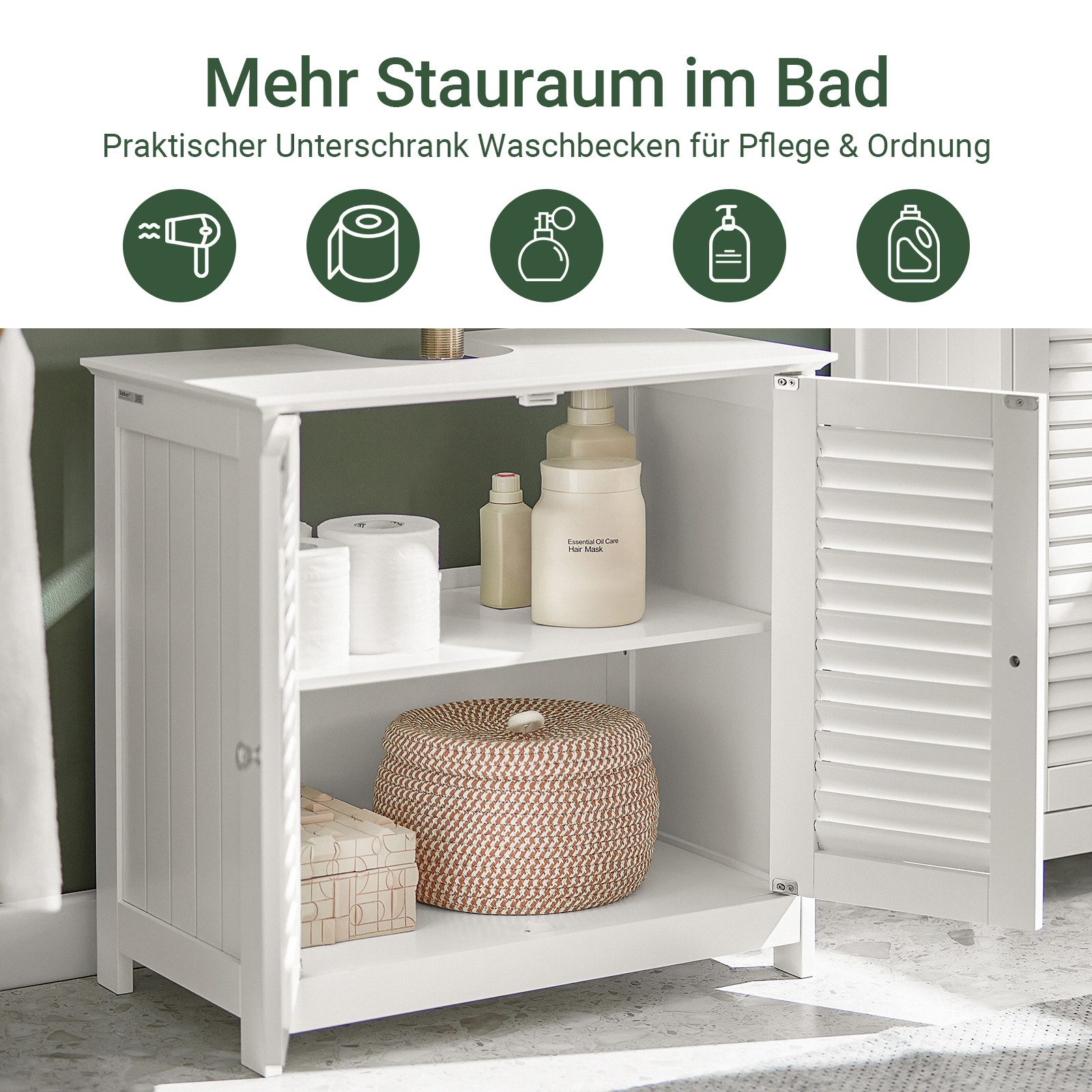 SoBuy Waschbeckenunterschrank FRG237, Waschtischunterschrank mit 2 Türen, verstellbare Ablage Badezimmerschrank Waschbeckenunterschrank Badschrank Unterschrank