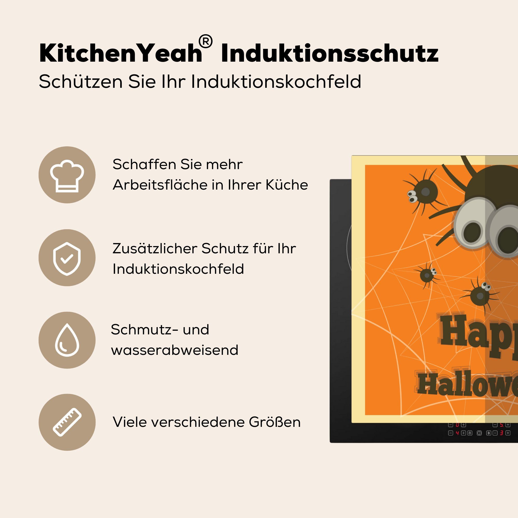 MuchoWow Herdblende-/Abdeckplatte Happy Halloween" mit Vinyl, (1 tlg), Spinnen, Arbeitsplatte 78x78 Ceranfeldabdeckung, für großäugigen cm, küche