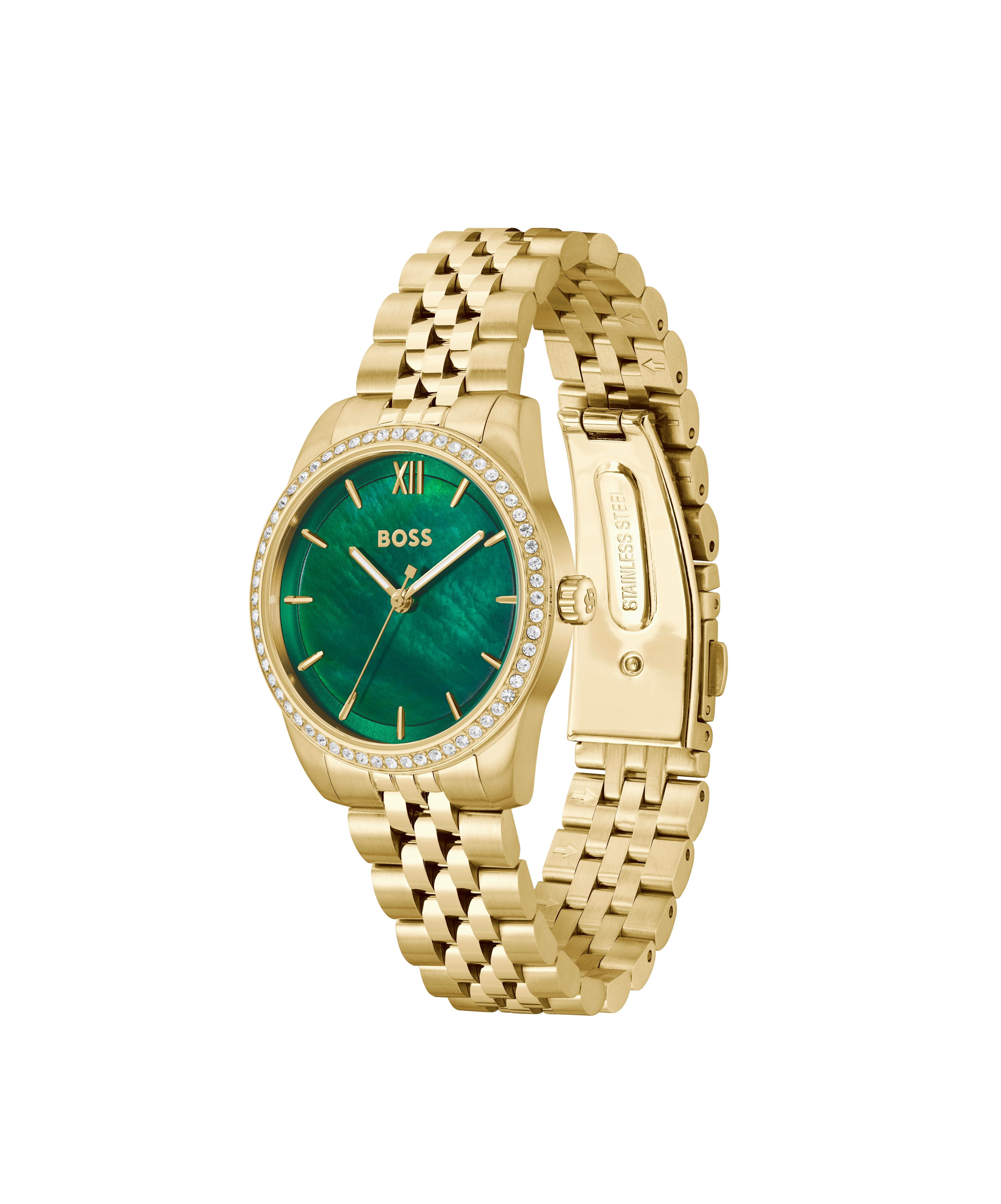 BOSS Quarzuhr GRACEFUL 1502868, Armbanduhr, Damenuhr, Edelstahlarmband, analog, Glaskristalle