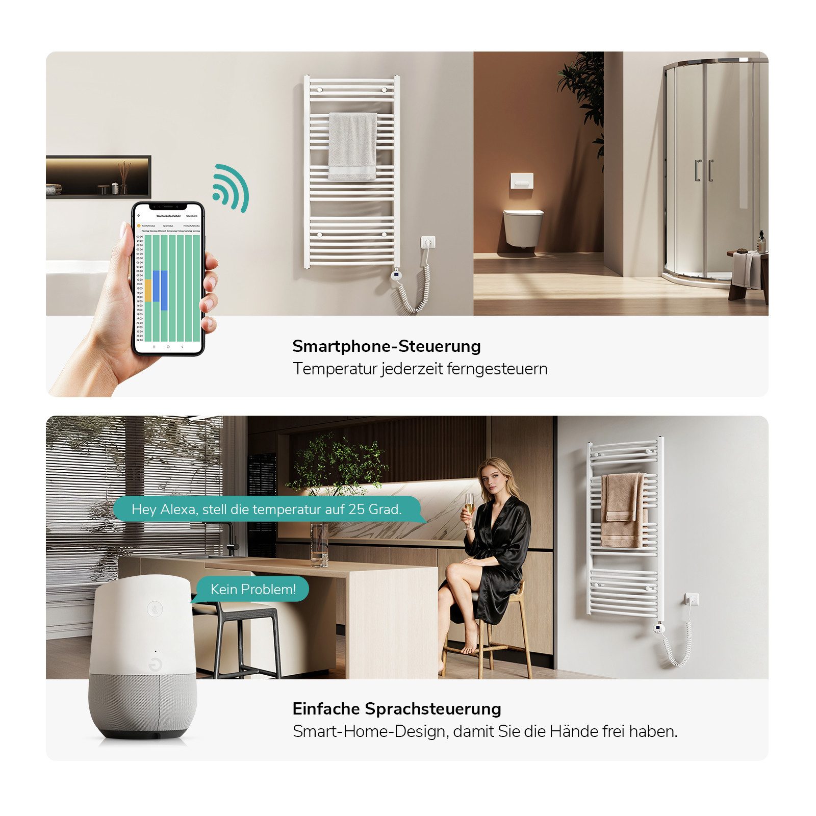 EMKE Elektrischer Badheizkörper mit Wifi App Steuerung Thermostat Höhe: 140cm 500/600W, Gebogener Handtuchwärmer 4 Heizmodi, 7-Tage-Timer, Boost & Frostschutz – Bild 5 von 5