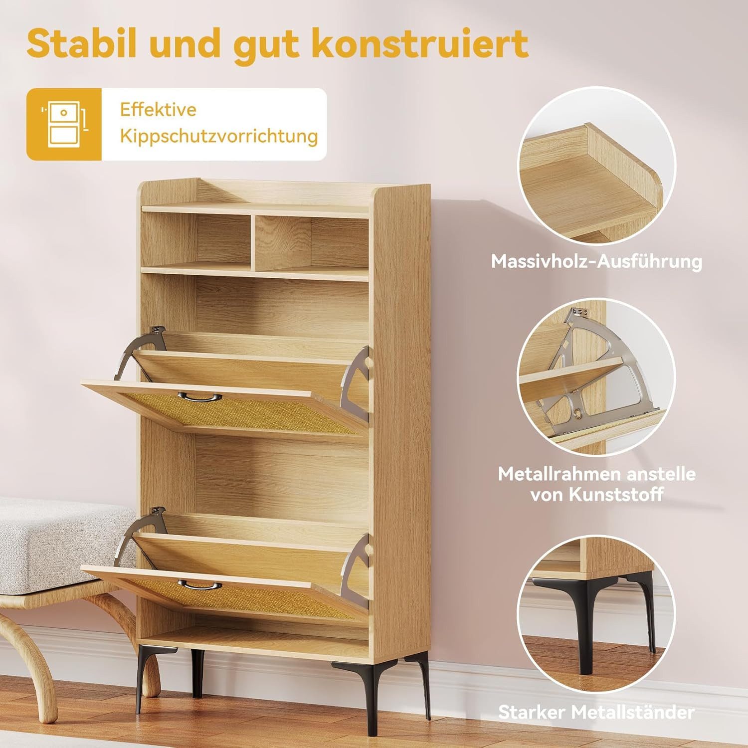 OUNUO Schuhschrank mit Rattan-Dekoration, 2 klappbare Schubladen, und Metallfüßen