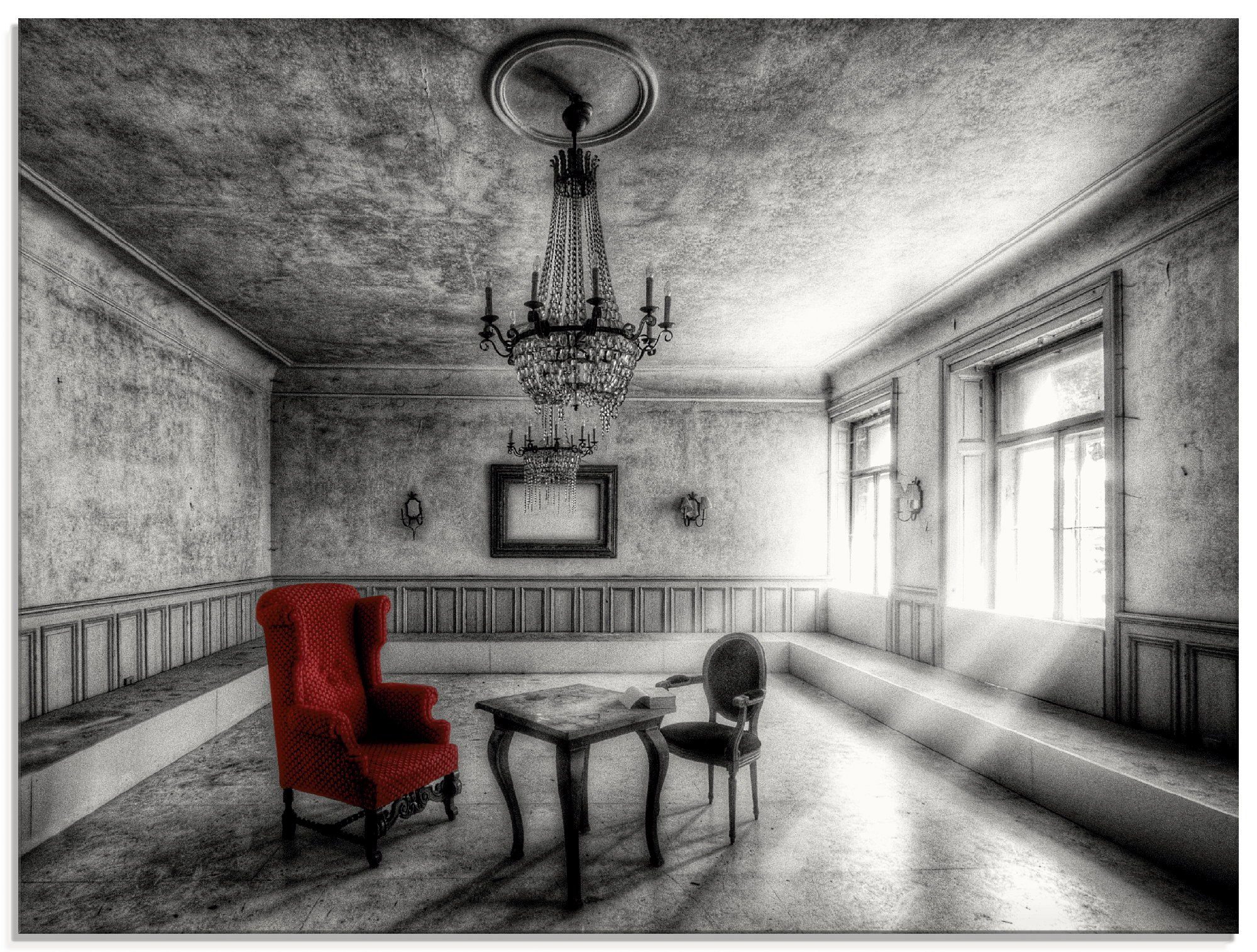Artland Glasbild Lost Place - Roter Sessel, Architektonische Elemente (1 St), in verschiedenen Größen