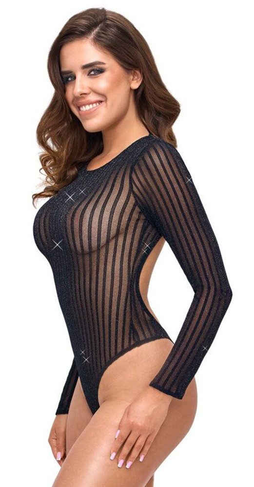 Fantasy by Cottelli Collection Body Langarm Body in transparentem Streifenlook schillerndes schwarz (1-tlg) Schillernde Silver-Lurex-Fäden