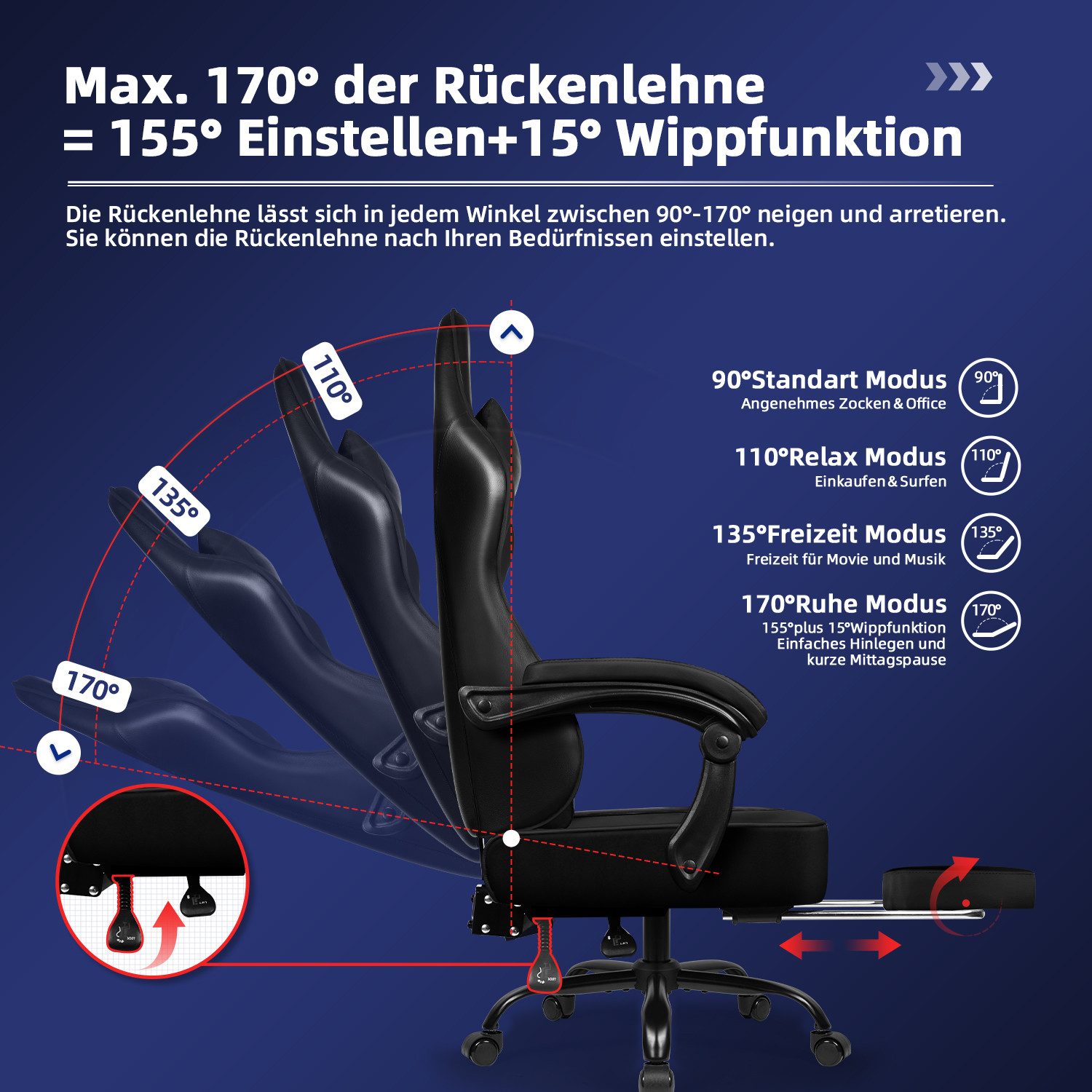 Hiazurm Gaming-Stuhl Gaming Stuhl, Bürostuhl Ergonomisch Wippfunktion bis zu 170° (Gaming Chair mit Fußstütze, 10 cm Höhenverstellung), Verstellbarem Lenden- &  – Bild 4 von 5