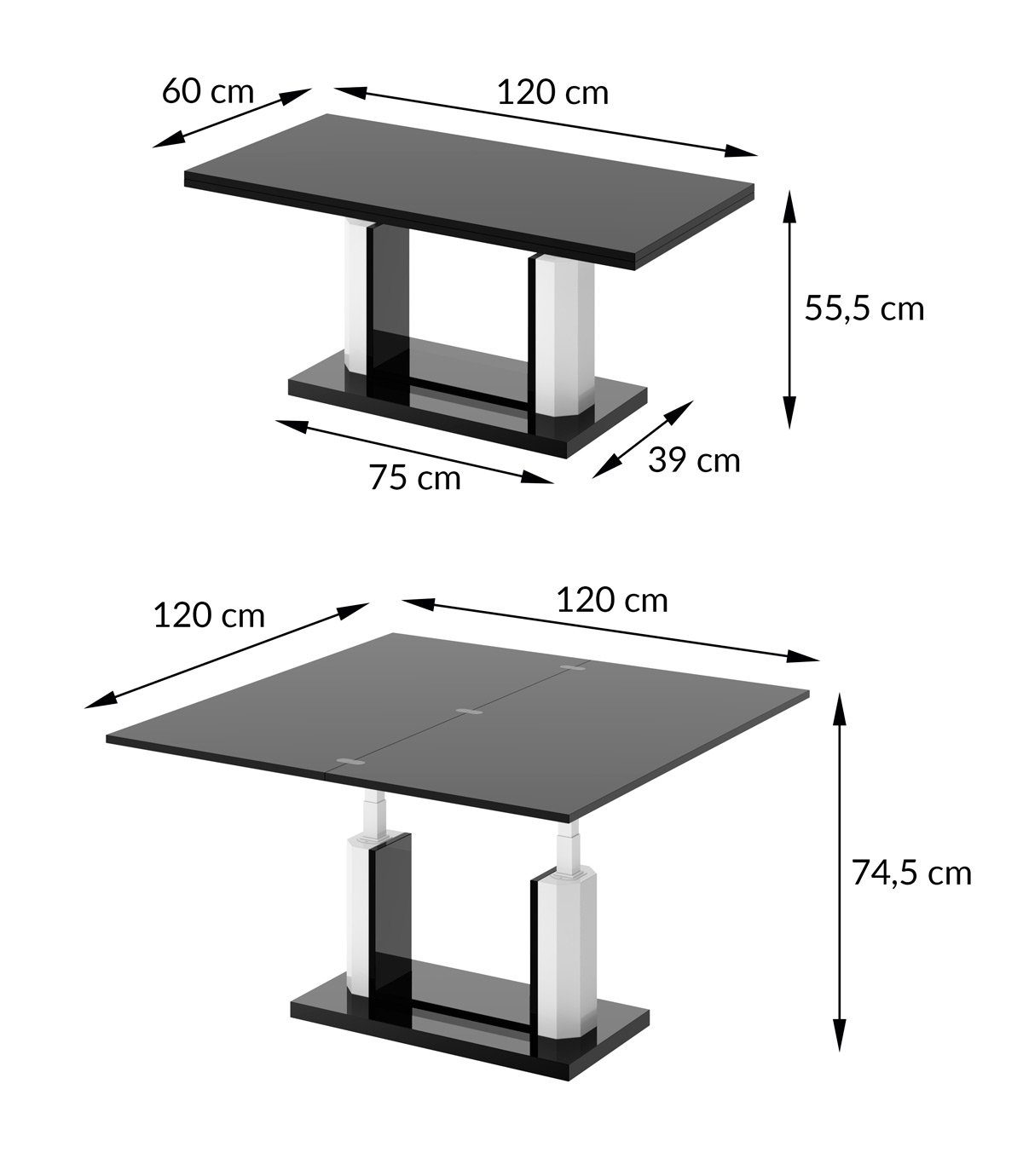 designimpex Couchtisch Design Couchtisch HAC-111 aufklappbar höhenverstellbar stufenlos Hochglanz Tisch Schwarz