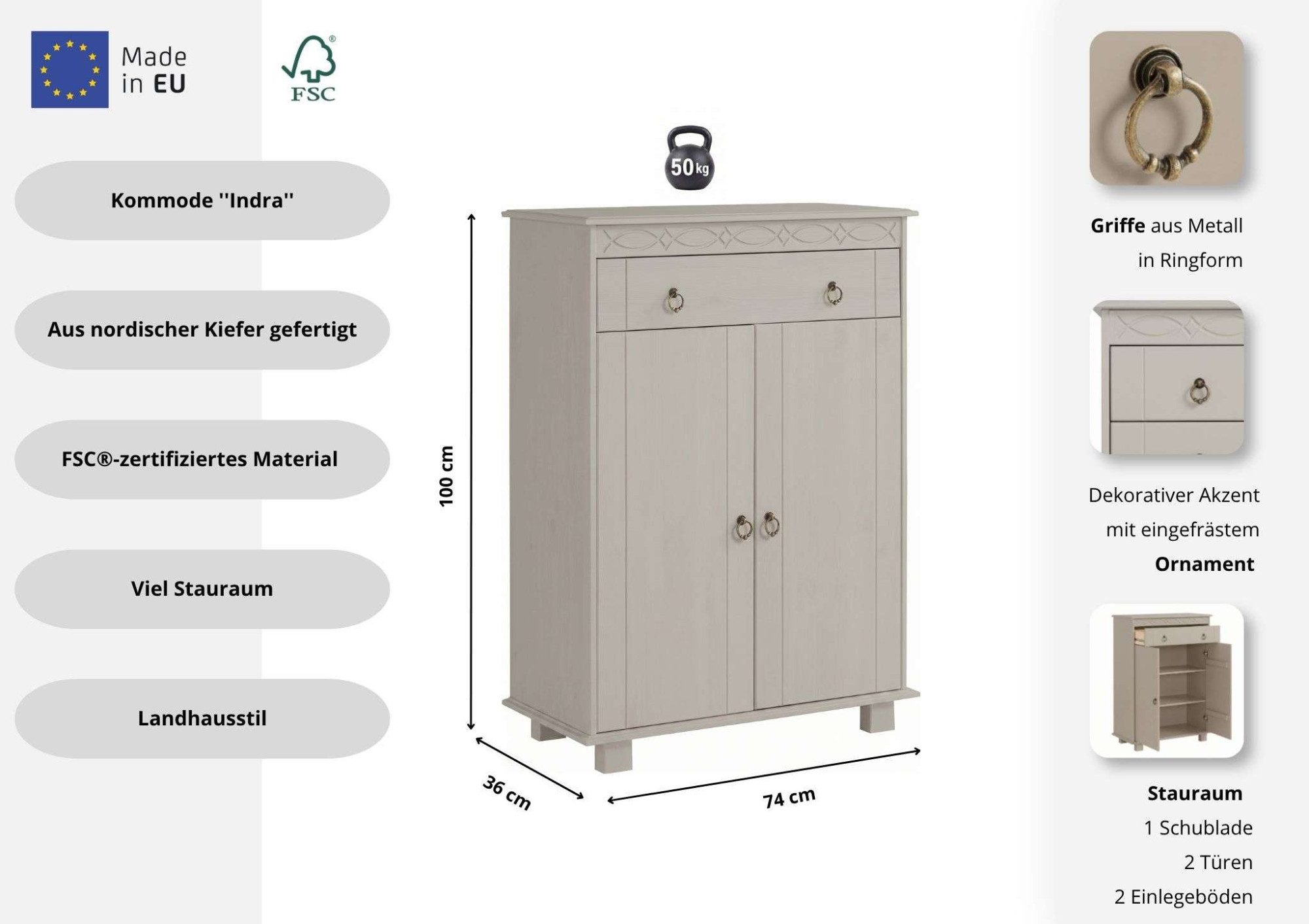OTTO home Kommode Indra, Sideboard (B/T/H: 74/35/100 cm), 74 cm breit