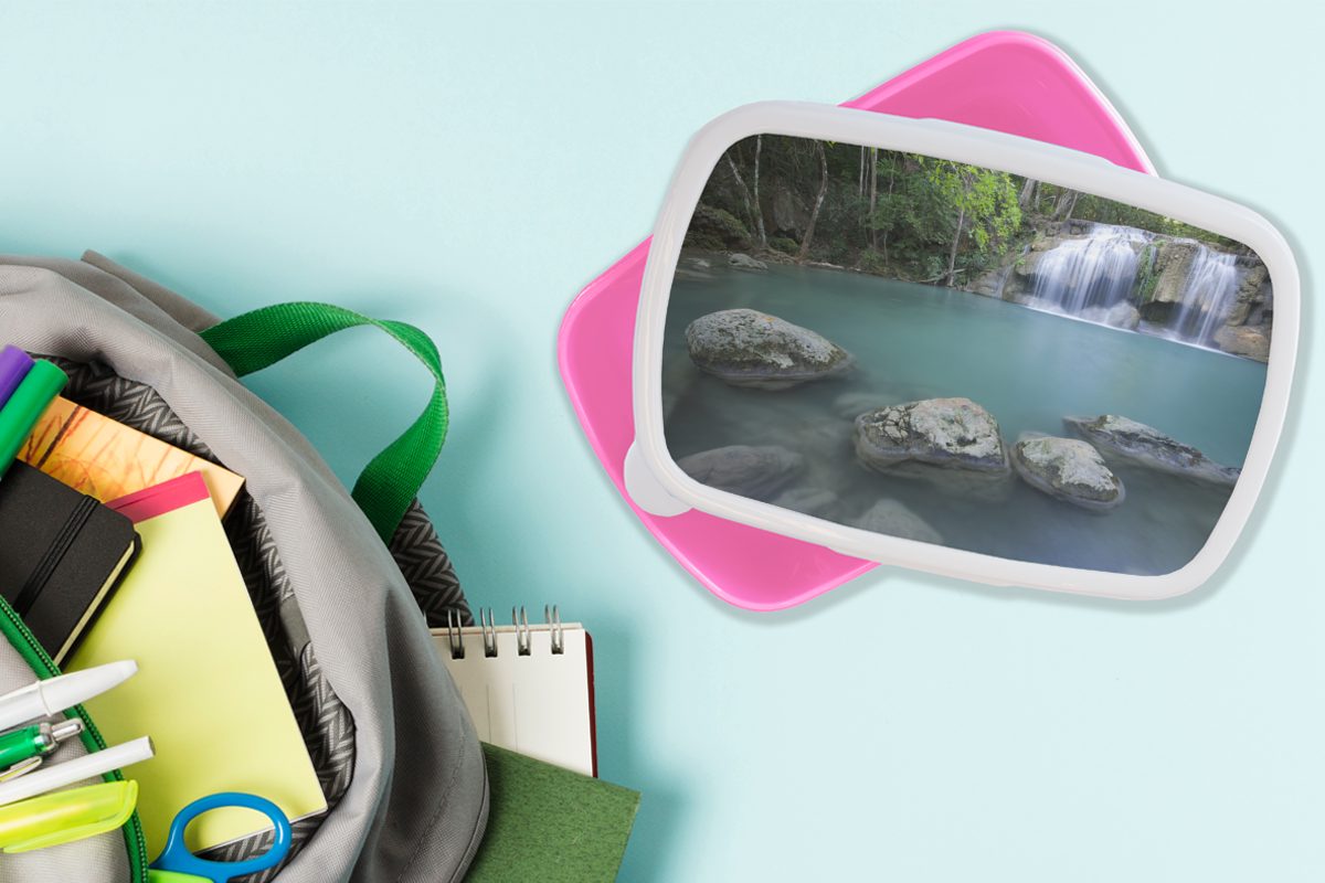 MuchoWow Lunchbox Ein thailändischer Wasserfall Erwachsene, für Kunststoff rosa Mädchen, Snackbox, Erawan-Nationalpark, (2-tlg), im Brotbox Felsen an den Kinder, Kunststoff, Brotdose