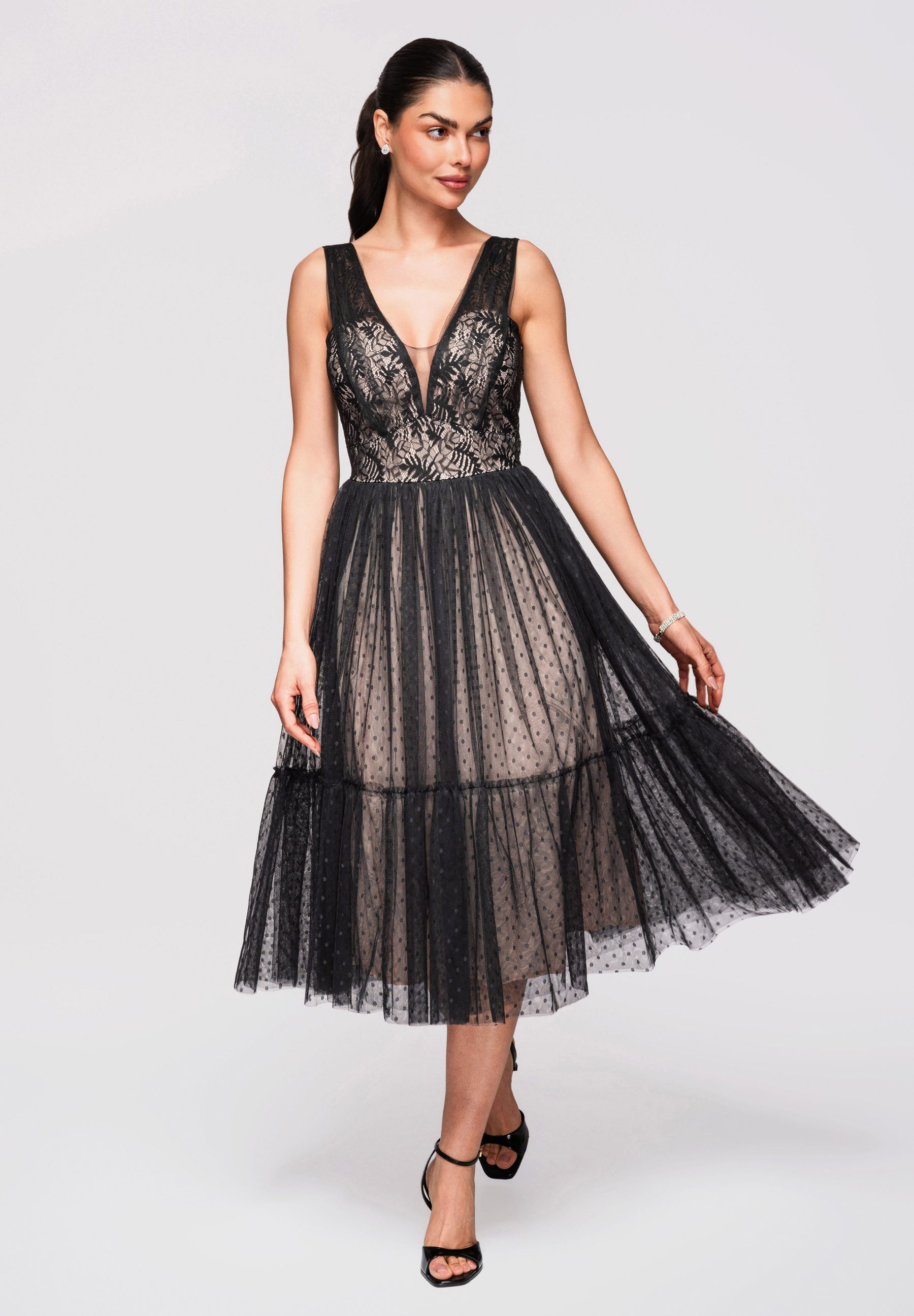 OMBRE Abendkleid Damen Midikleid Spitze Tüll A-Linie Schwarz S (kein Set, 1-tlg) Transparente Einsätze, mehrlagiger Rock
