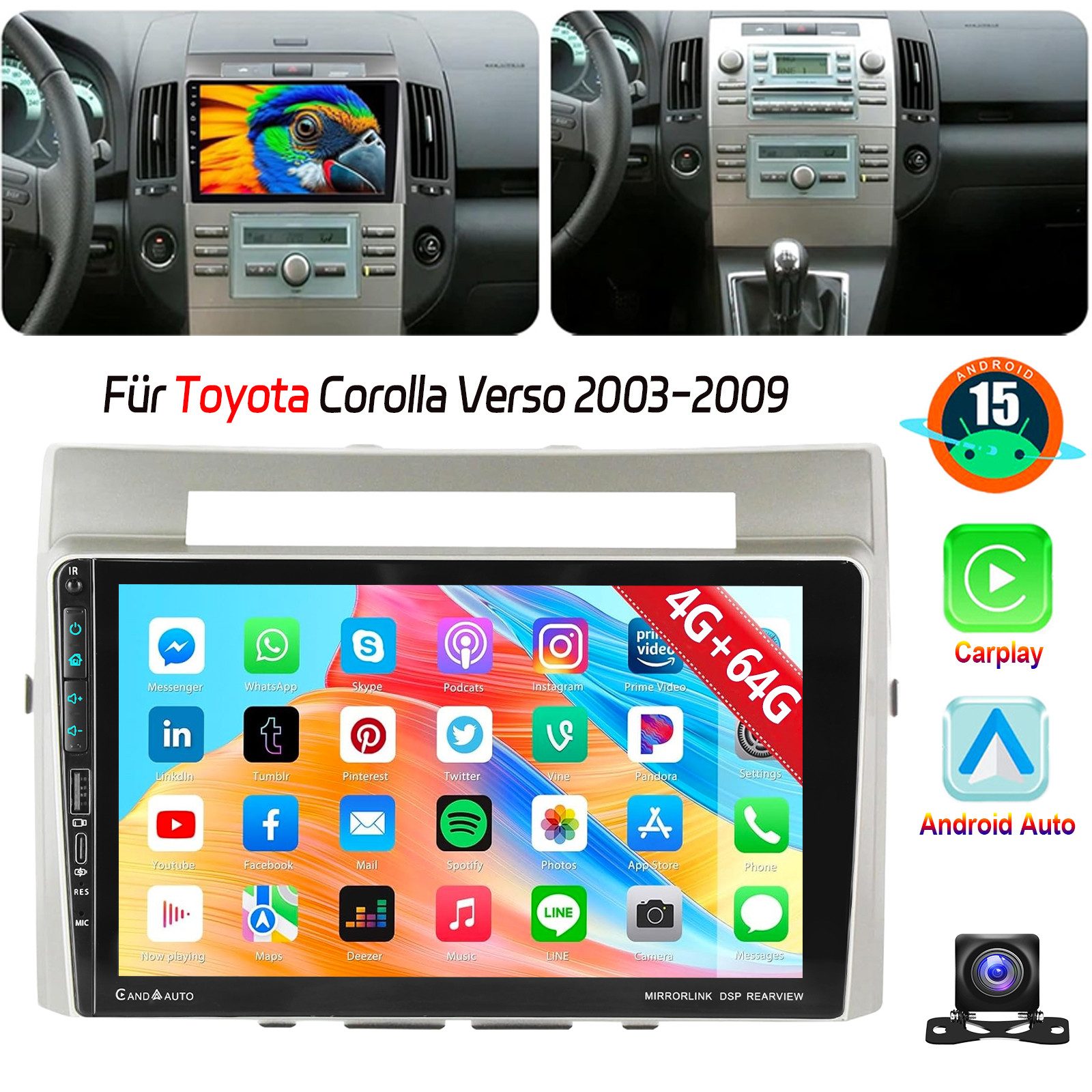 DAB+ 64G Für Toyota Corolla Verso 03-09 Android 15 Carplay USB Type-C Autoradio
