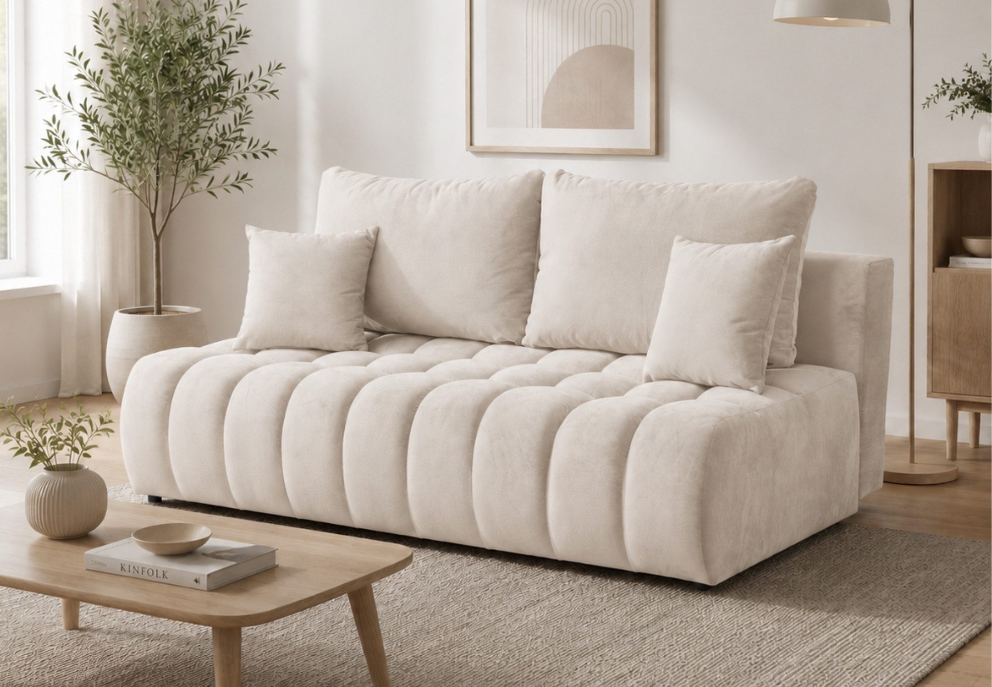 Home Collective Sofa Couch Schlafsofa ohne Armlehnen Schlaffunktion & Bettkasten, 200 cm, Gästebett Schlafcouch ausziehbar, Polsterung aus Bonnell-Federkern und Schaumstoff, weicher Stoff, platzsparendes Lounge-Design, inklusive Kissen Beige