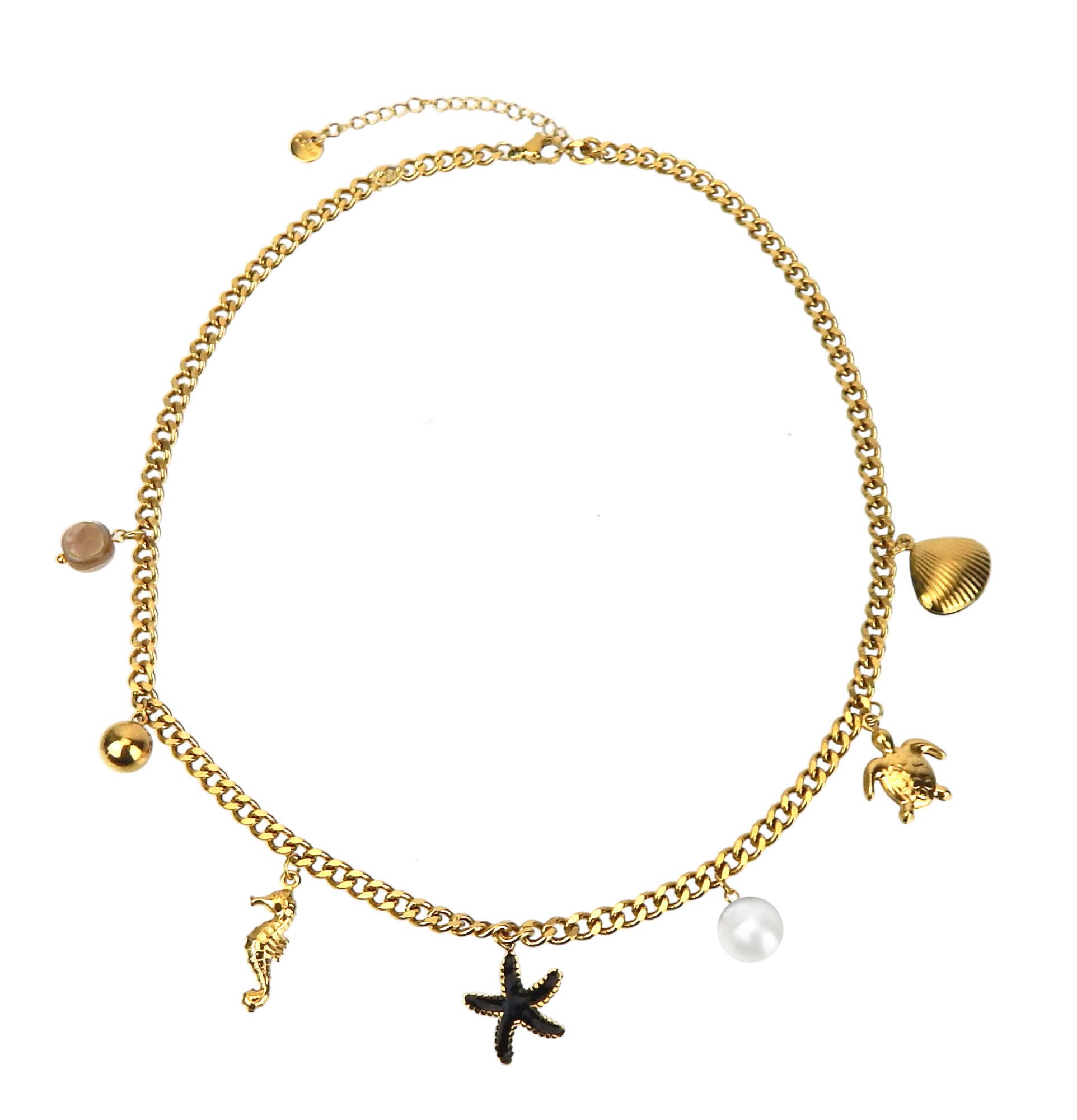 Ella Jonte Edelstahlkette, maritime Boho Halskette - goldfarben mit vielen Anhängern