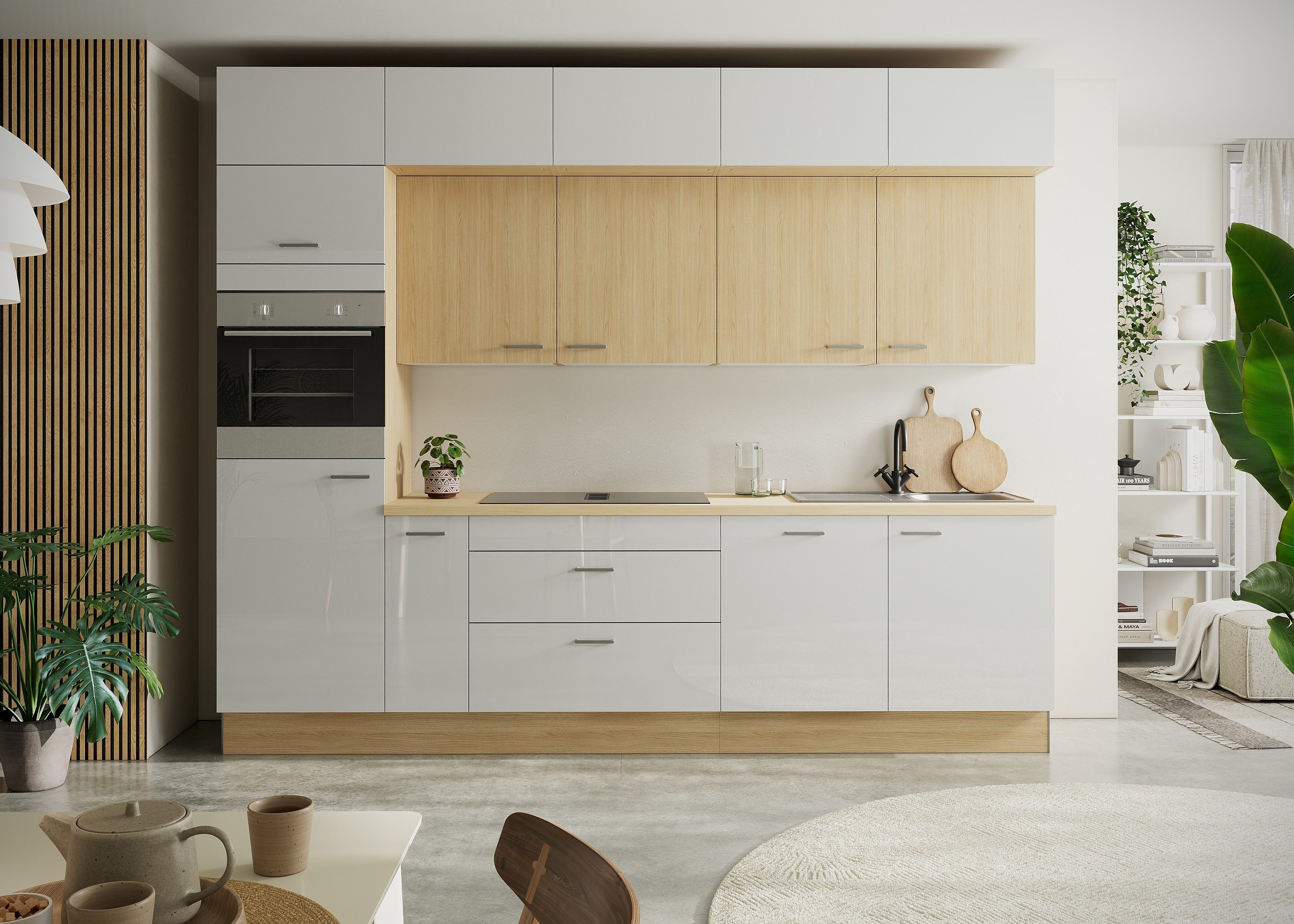 CENTRE DE CUISSON Meuble de cuisine KS-Lucy, en option avec plaque à induction et hotte aspirante intégrée, largeur 300 cm, fermeture amortie, accessoires inclus, en option avec appareils électroménagers