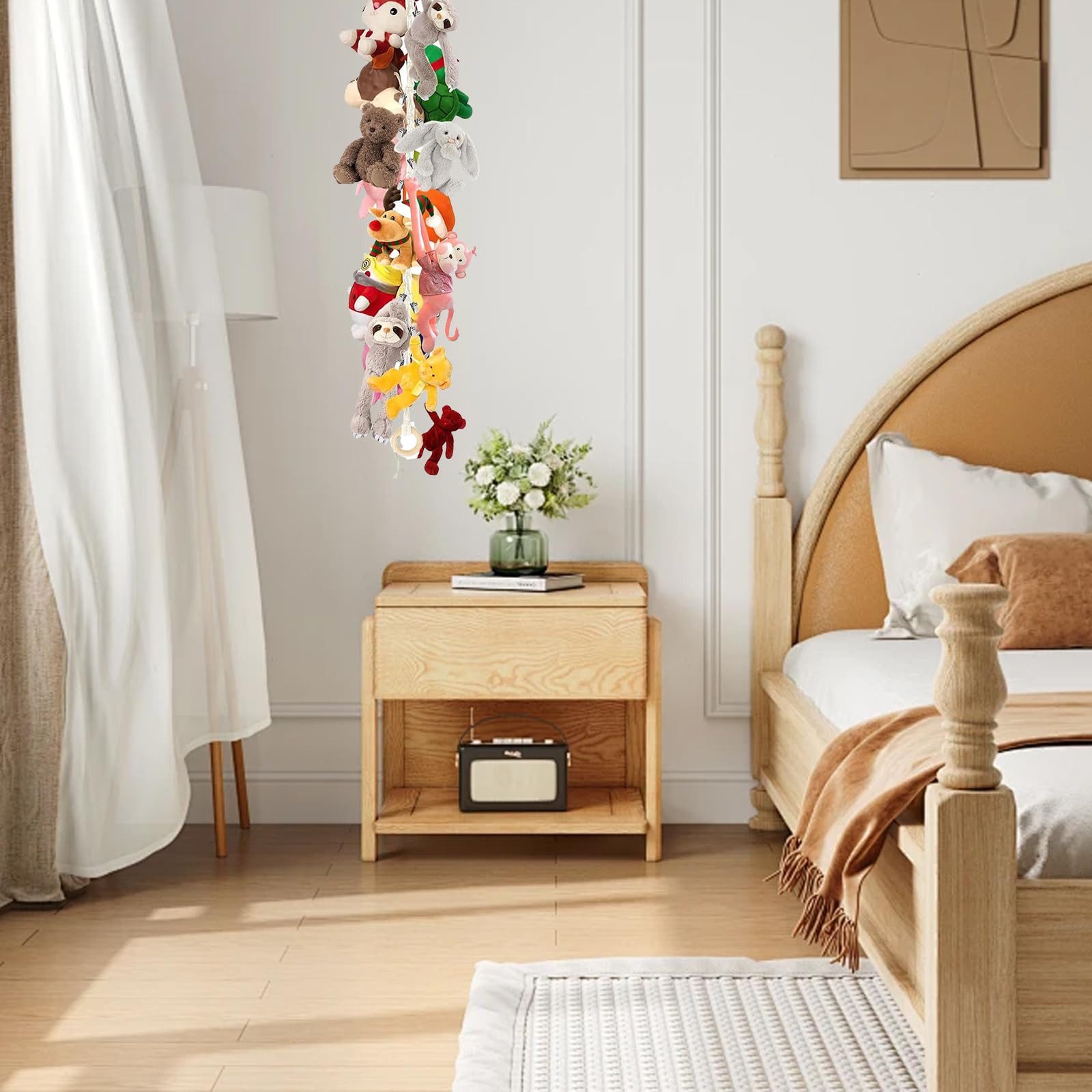 FOUORTUNATE-BEE Hängeregal Kuscheltier Hängeregal 2er Set – Spielzeug Aufbewahrung 2 m, Gehäkeltes Spielzeugnetz mit Holzringen & Klammern – Bild 5 von 5