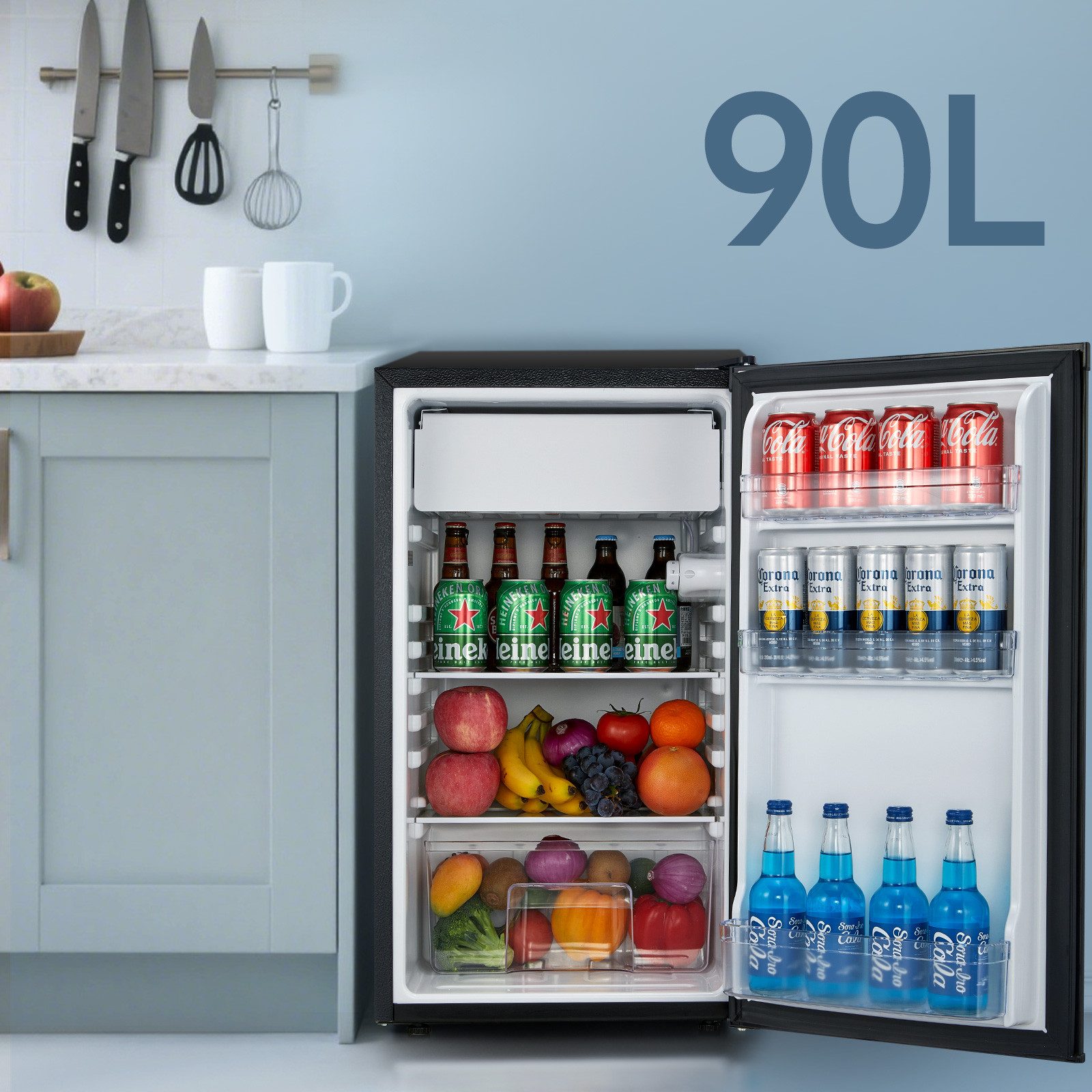 FOHERE Kühlschrank 90L, Kühl- und Gefrierfunktion, Gemüseschublade, 7 Einstellstufen BC-90, 43.5 cm hoch, 79 cm breit