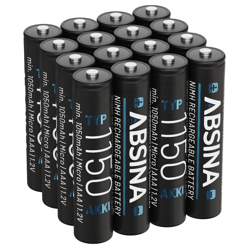 ABSINA 16x Akku AAA 1150 NiMH min. 1050mAh Akkus Batterien ideal für Telefon Akku 1050 mAh (1.2 V)