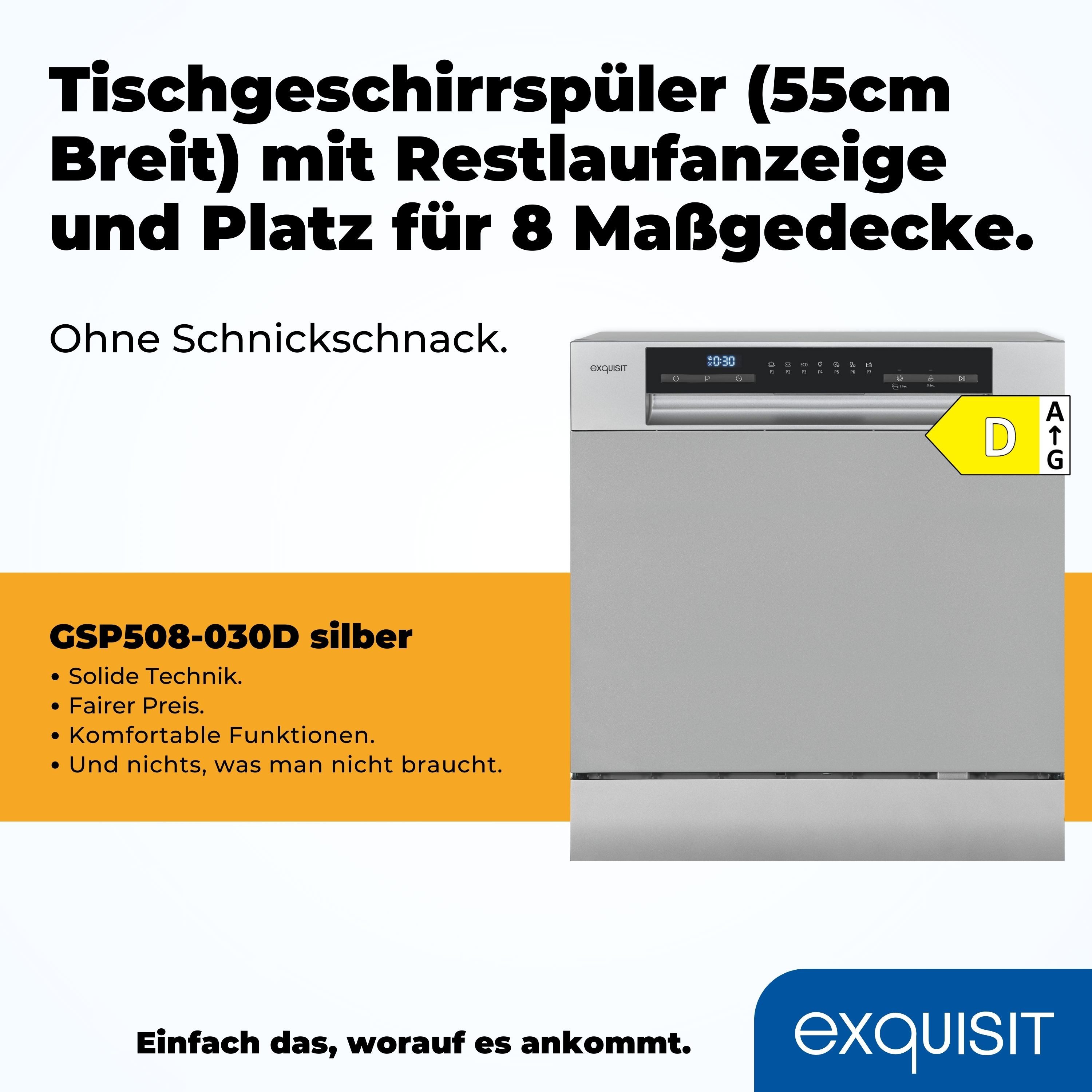 exquisit Tischgeschirrspüler GSP508-030D, 8 Maßgedecke, kompakt und platzsparend, Raumkünstler mit Platz für 8 Maßgedecke