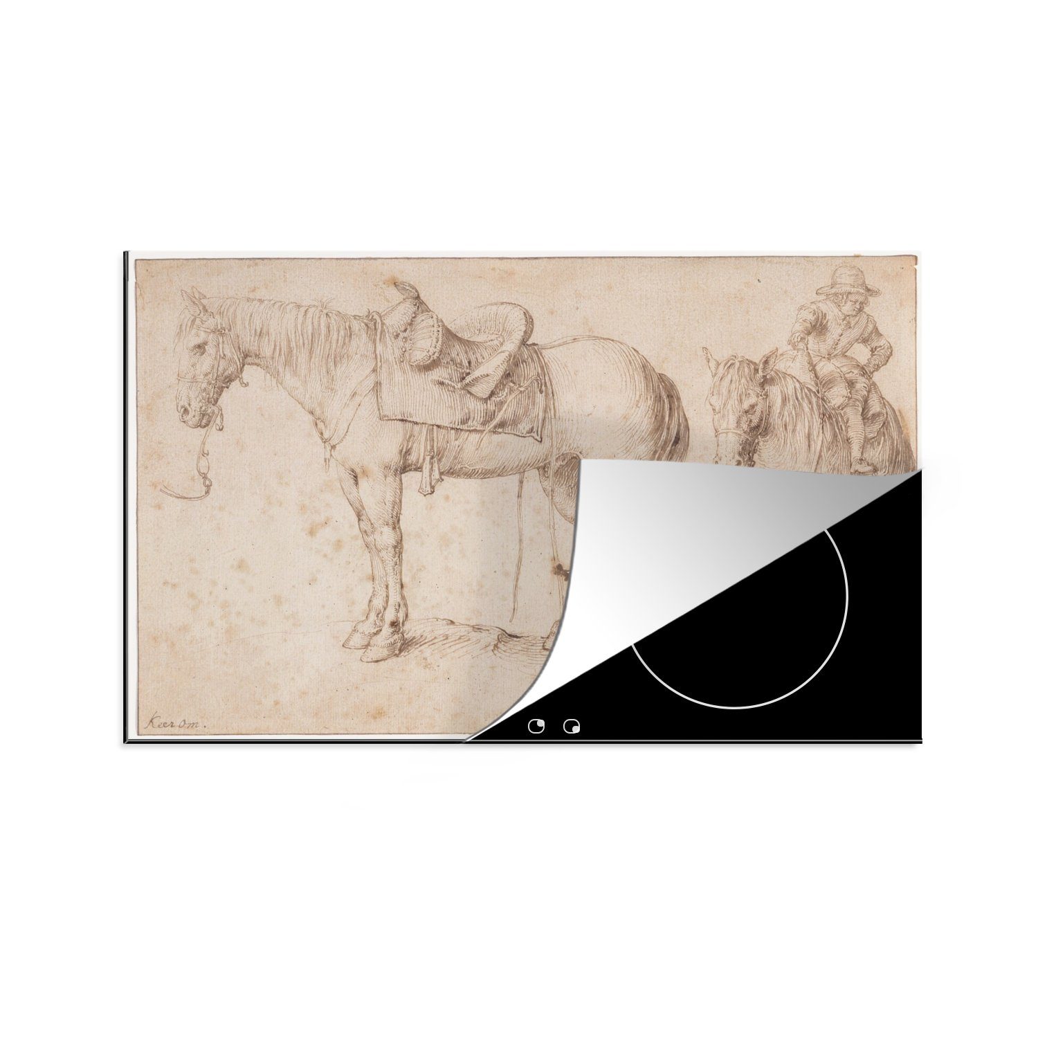 MuchoWow Herdblende-/Abdeckplatte Zwei gesattelten für tlg), - eines Pferdes Gemälde von Jacob Arbeitsplatte cm, II, 83x51 Gheyn de Ceranfeldabdeckung, Studien (1 Vinyl, küche