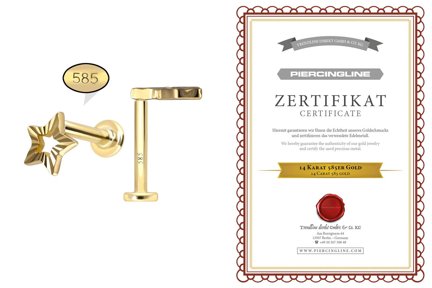 PIERCINGLINE Piercing-Set 14 Karat Gold Labret mit Push Fit STERN (Labrets, 1-tlg)