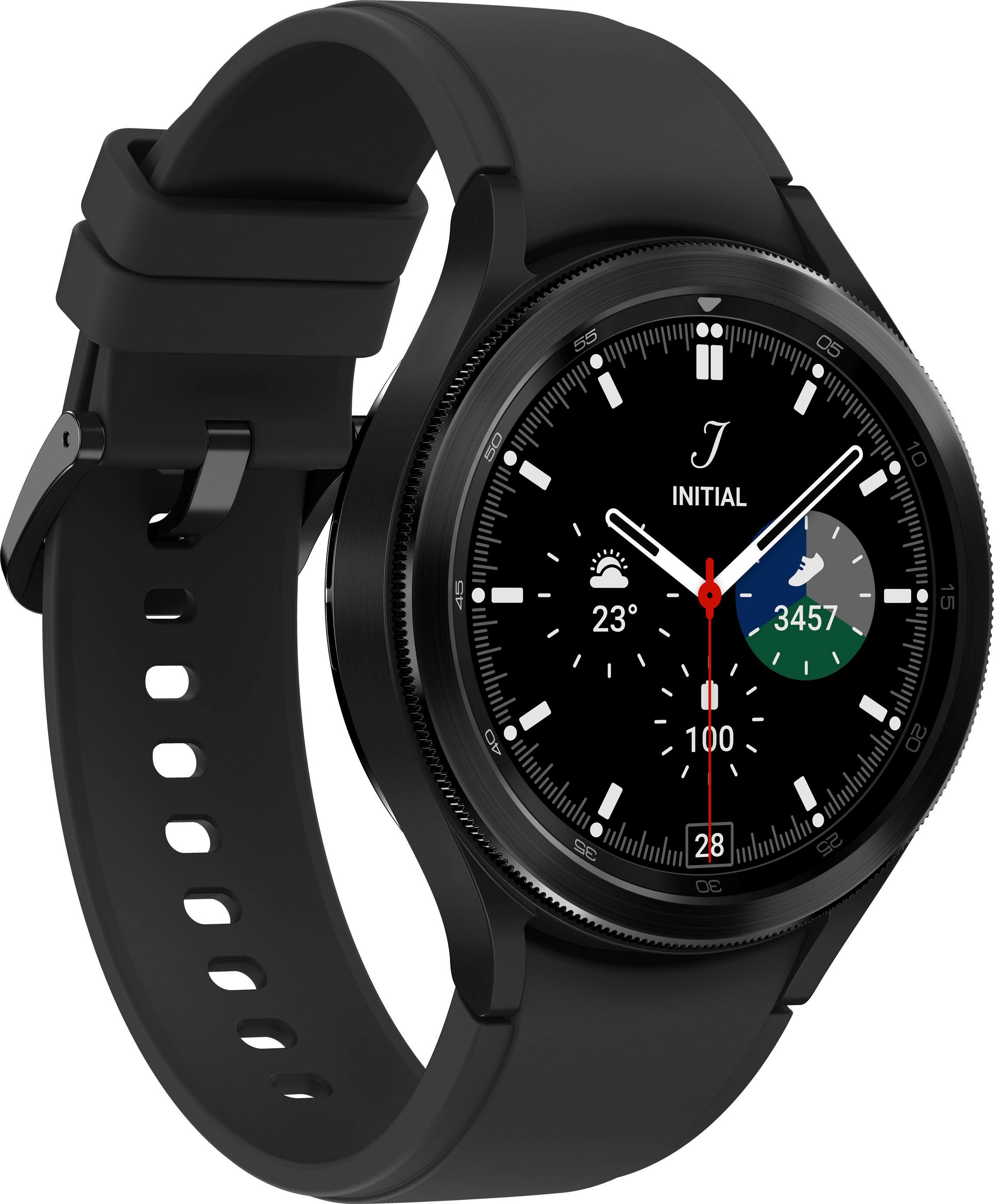 OS schwarz Watch Uhr, Gesundheitsfunktionen Galaxy Tracker, Samsung Wear cm/1,4 (4,6 Fitness Smartwatch by 4 Google), schwarz BT | Zoll, Classic Fitness