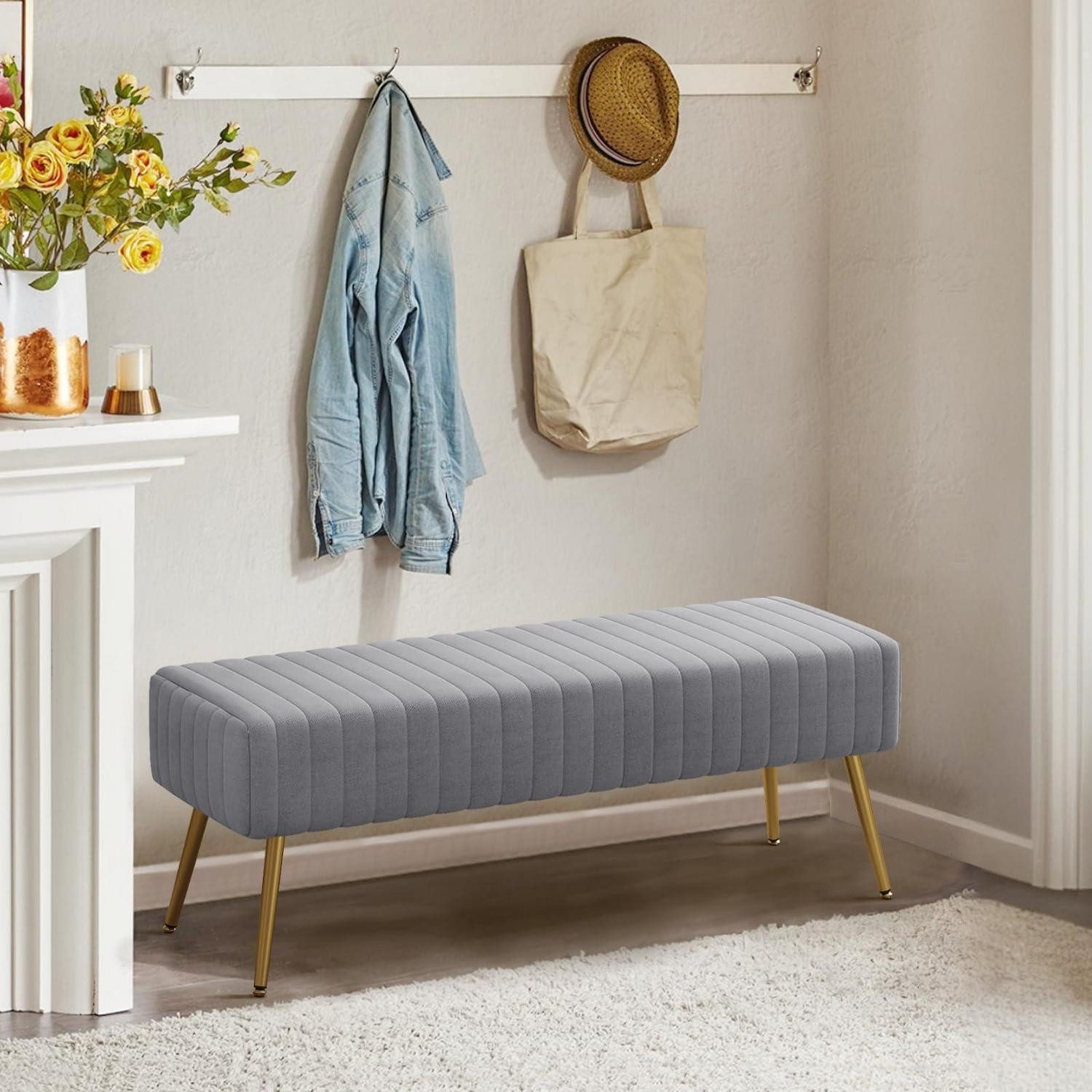 LuxusKollektion Bettbank Sitzbank Samtoptik Stahlbeine 113.5cm Grau (1-St)