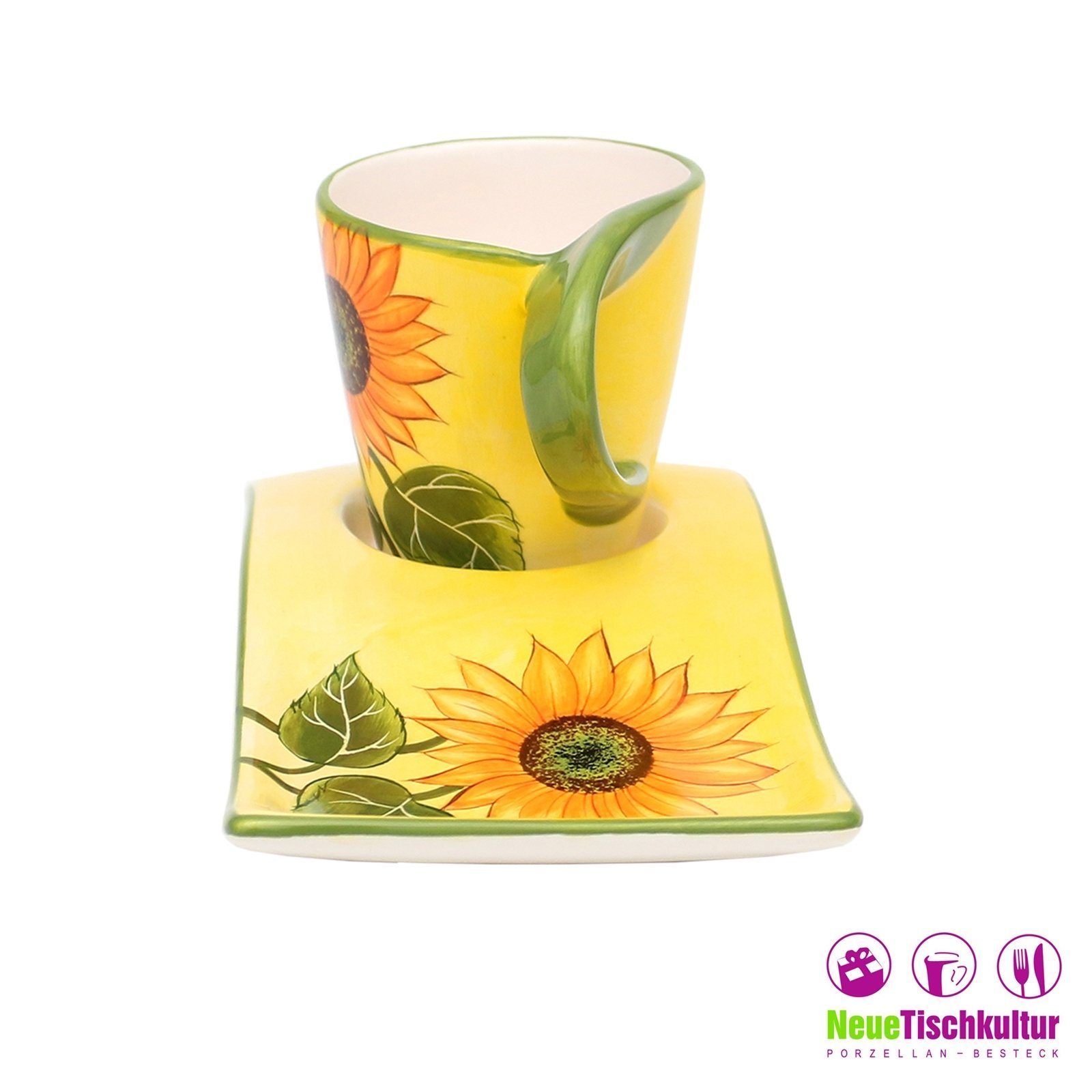 Tasse Keramik, mit Neuetischkultur mit Kaffeepot Kaffeebecher Kaffeetasse Unterteller Gebäckteller Sonnenblume 2er-Set,