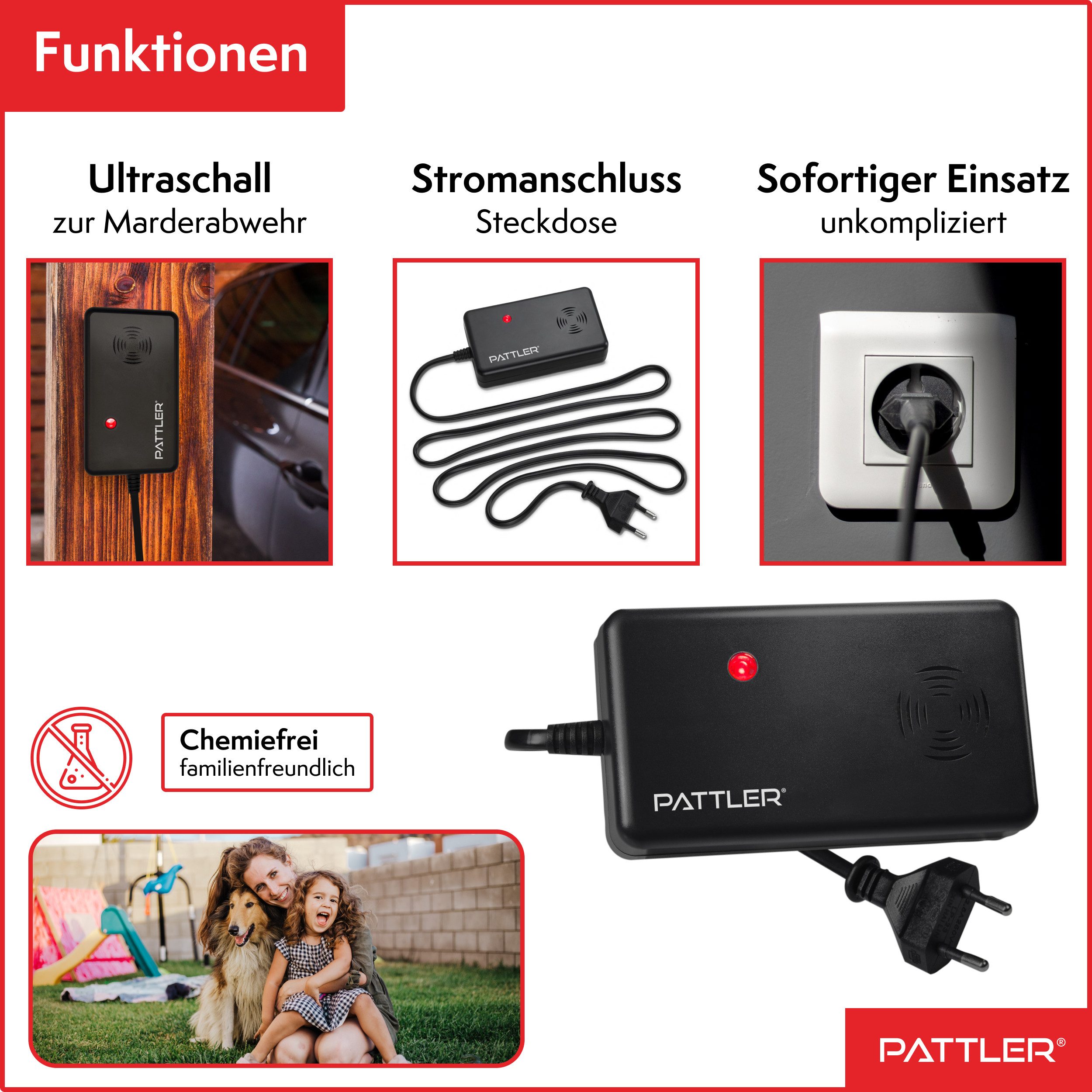 Pattler Ultraschall-Tierabwehr Marderschreck mit Hochfrequenztönen, 1 Gerät für ca. 60 m² – Bild 5 von 5
