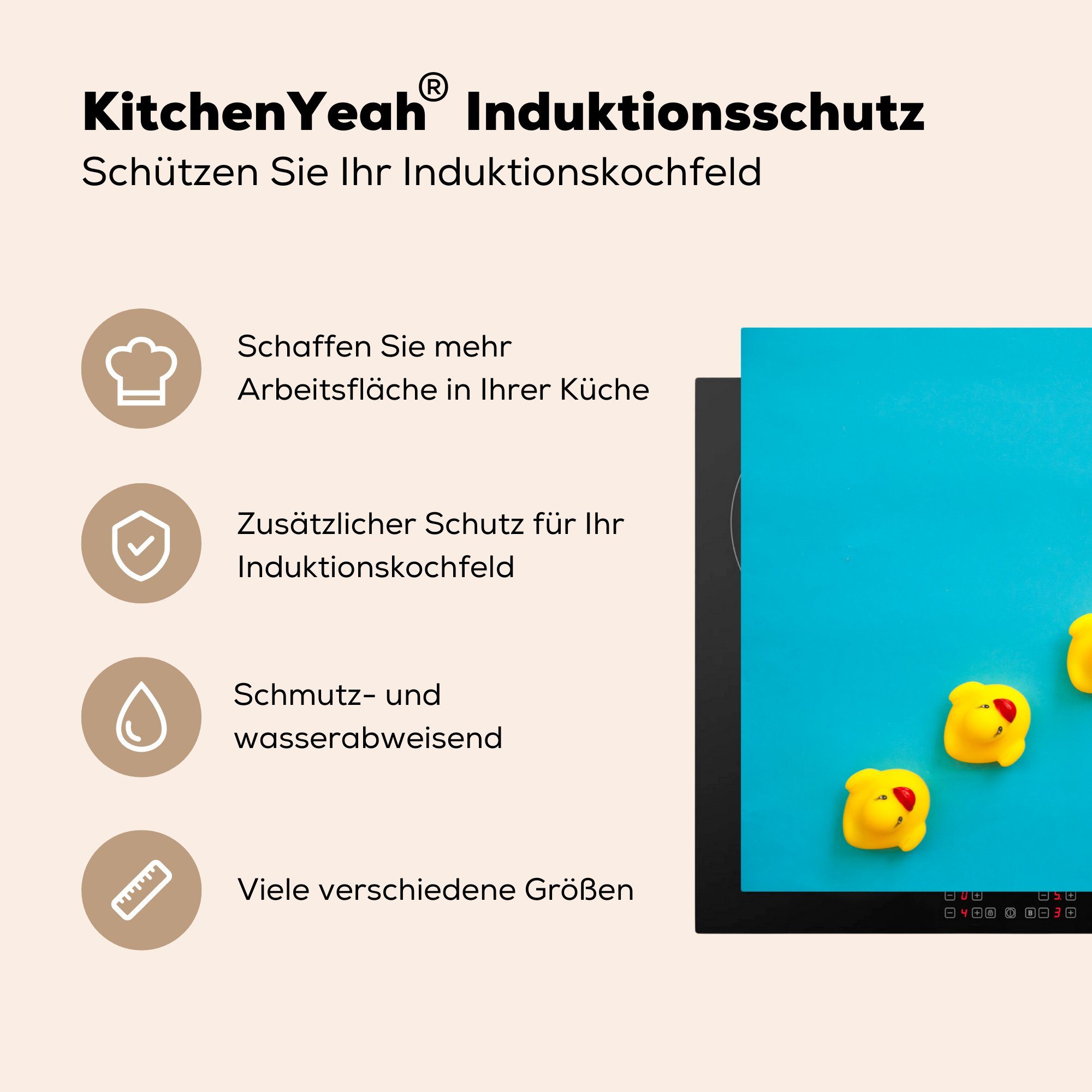 81x52 Vinyl, küche, die für Schutz Gummi-Enten (1 Herdblende-/Abdeckplatte Induktionskochfeld - Ceranfeldabdeckung Blau - MuchoWow cm, Gelb, tlg),