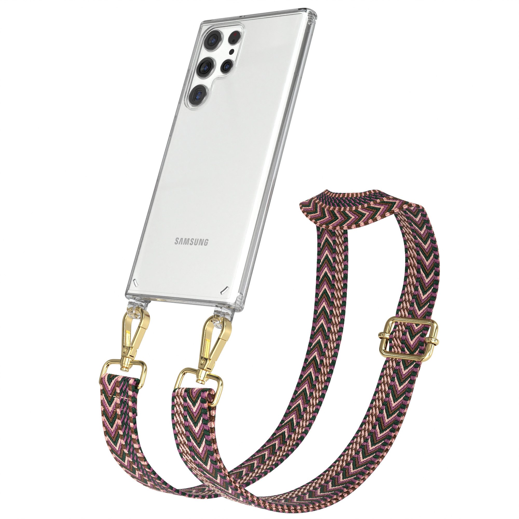 EAZY CASE Handykette Boho Umhängeband für Samsung Galaxy S22 Ultra 5G 6,8 Zoll, Durchsichtige Hülle mit Handyriemen Phone Karabiner Halskette Beere