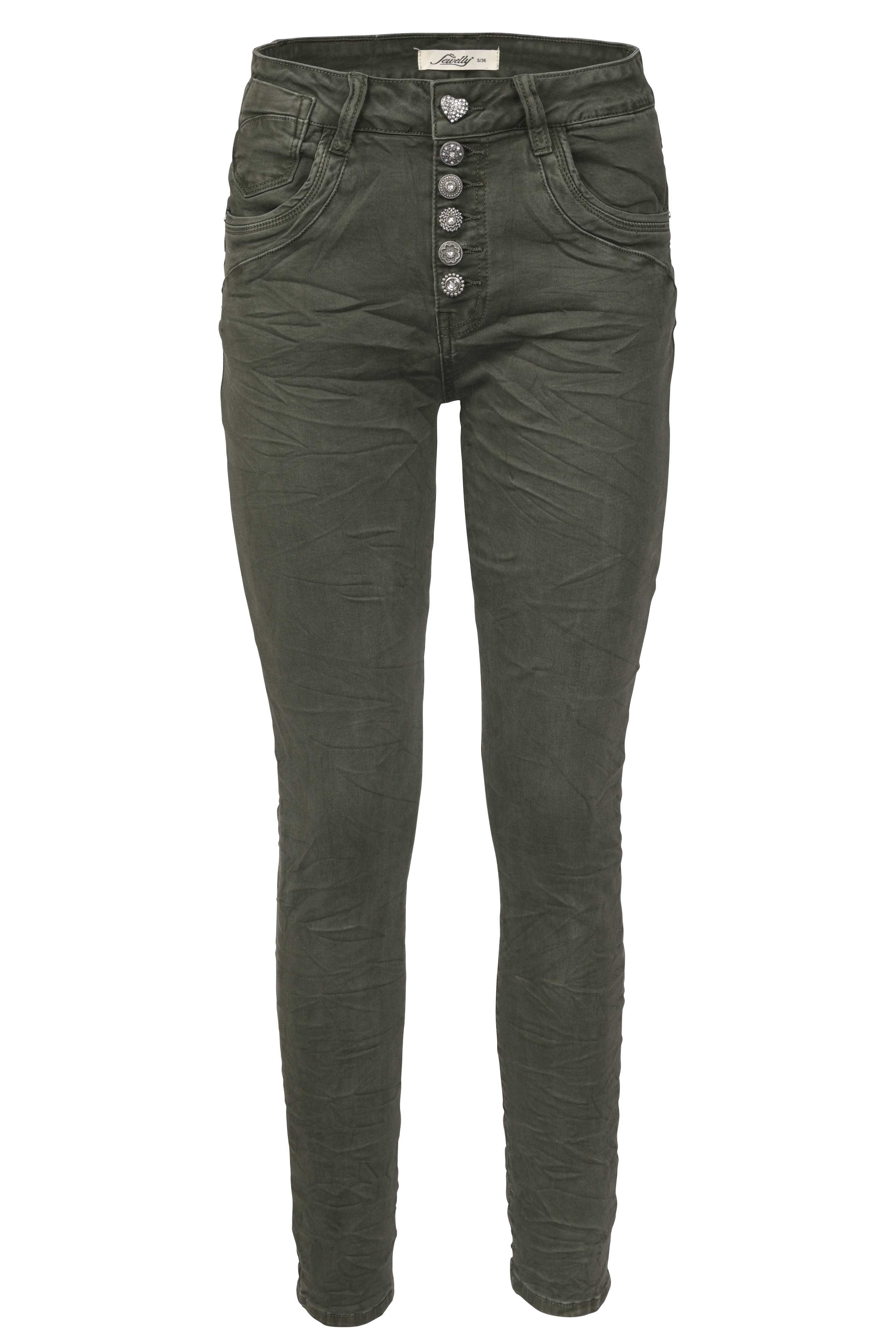 Jewelly Grün Regular-fit-Jeans Jeans Five-Pocket Crash-Look im Stretch