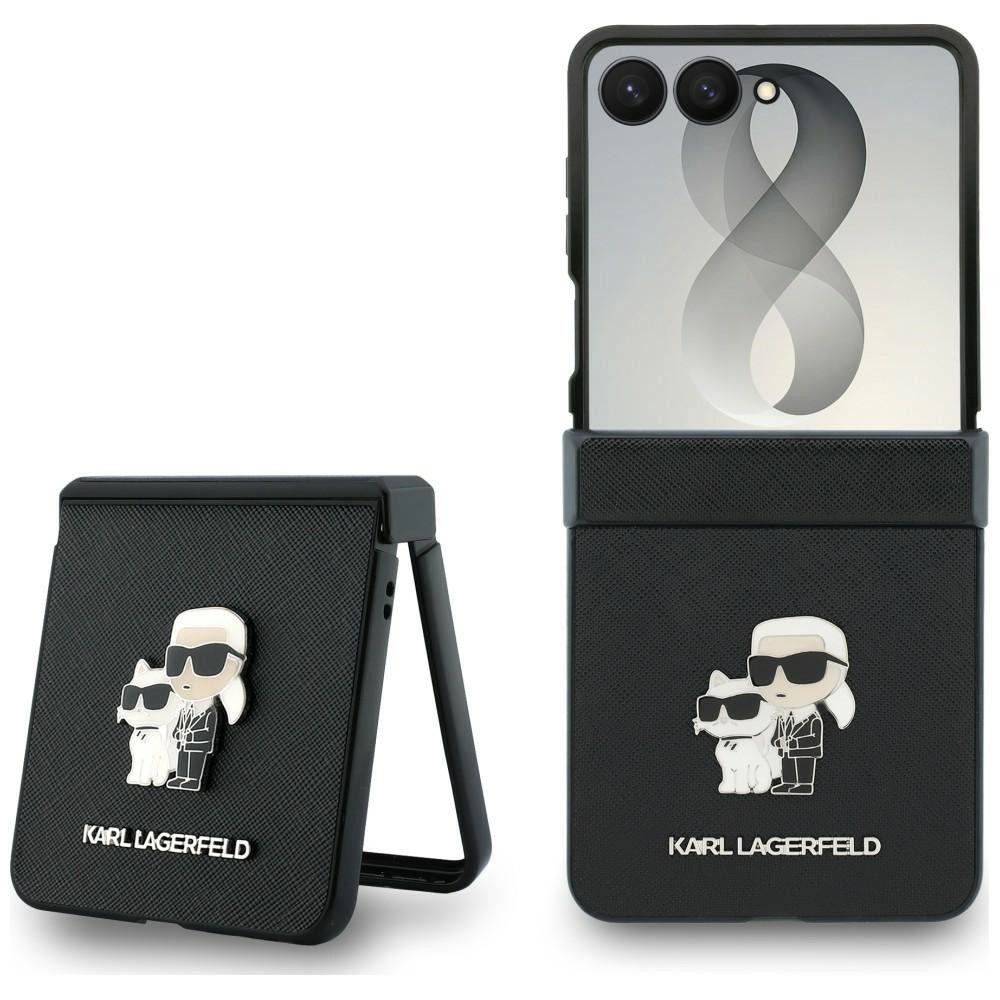 KARL LAGERFELD Handyhülle Galaxy Z Flip 8 Case Saffiano Kunstleder schwarz Logo Metall 6,9 Zoll, Kantenschutz